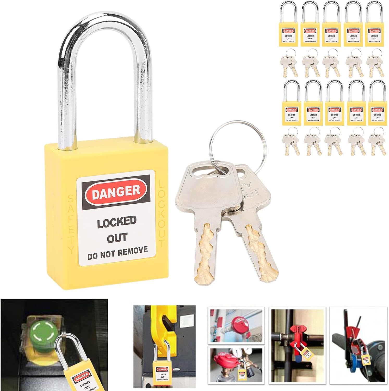 Pilipane 10 Sets 38mm Lockout Lock Nylon Industrial Engineering Insulation for Chemical Power (Yellow)