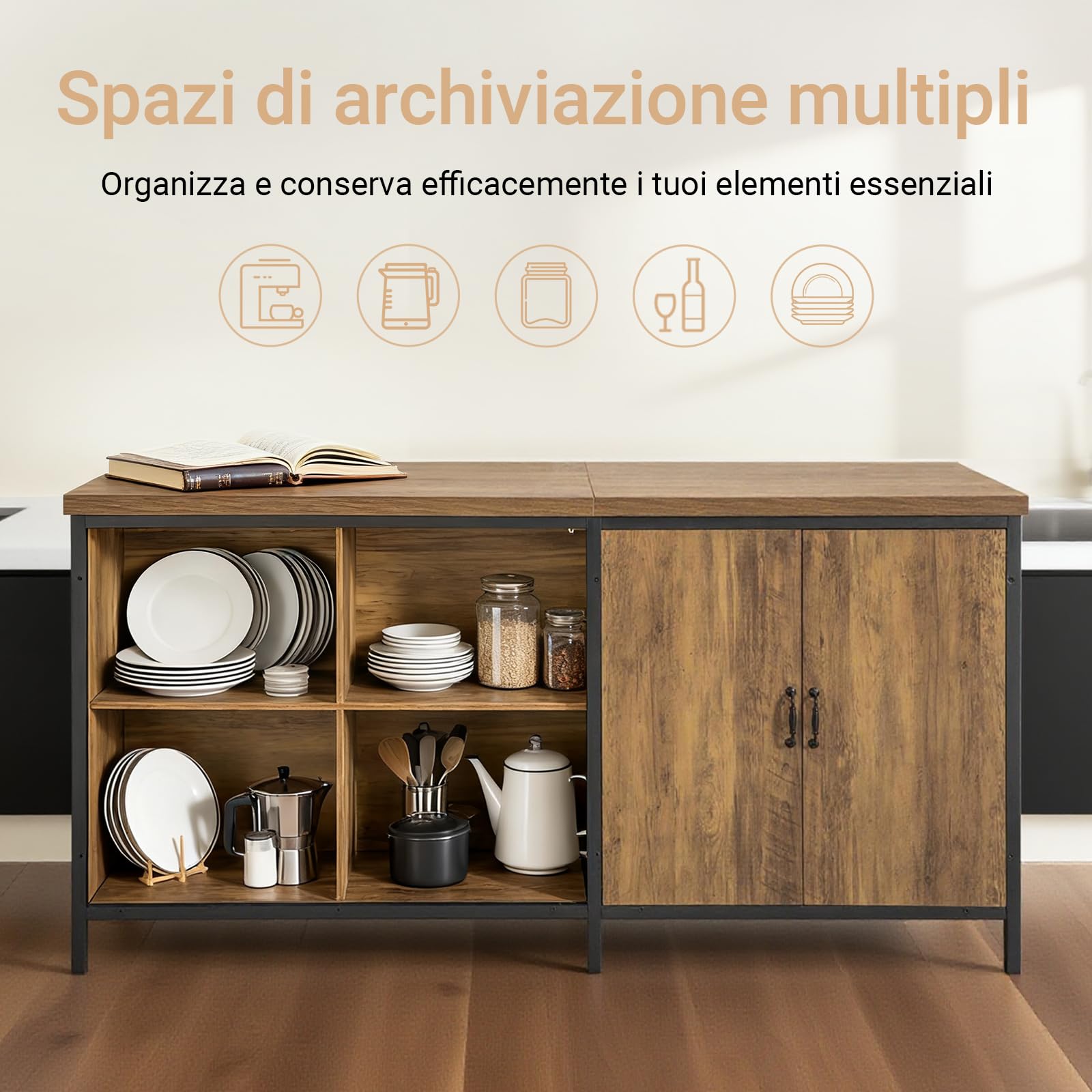 SoBuy Isola Cucina Mobiletto di Stoccaggio, Credenza Multifunzionale, Cucina Mobile Bar, Madia Salvaspazio, Mobile da Soggiorno in Stile Industriale 170 x 60 x 89 cm KNL01-F