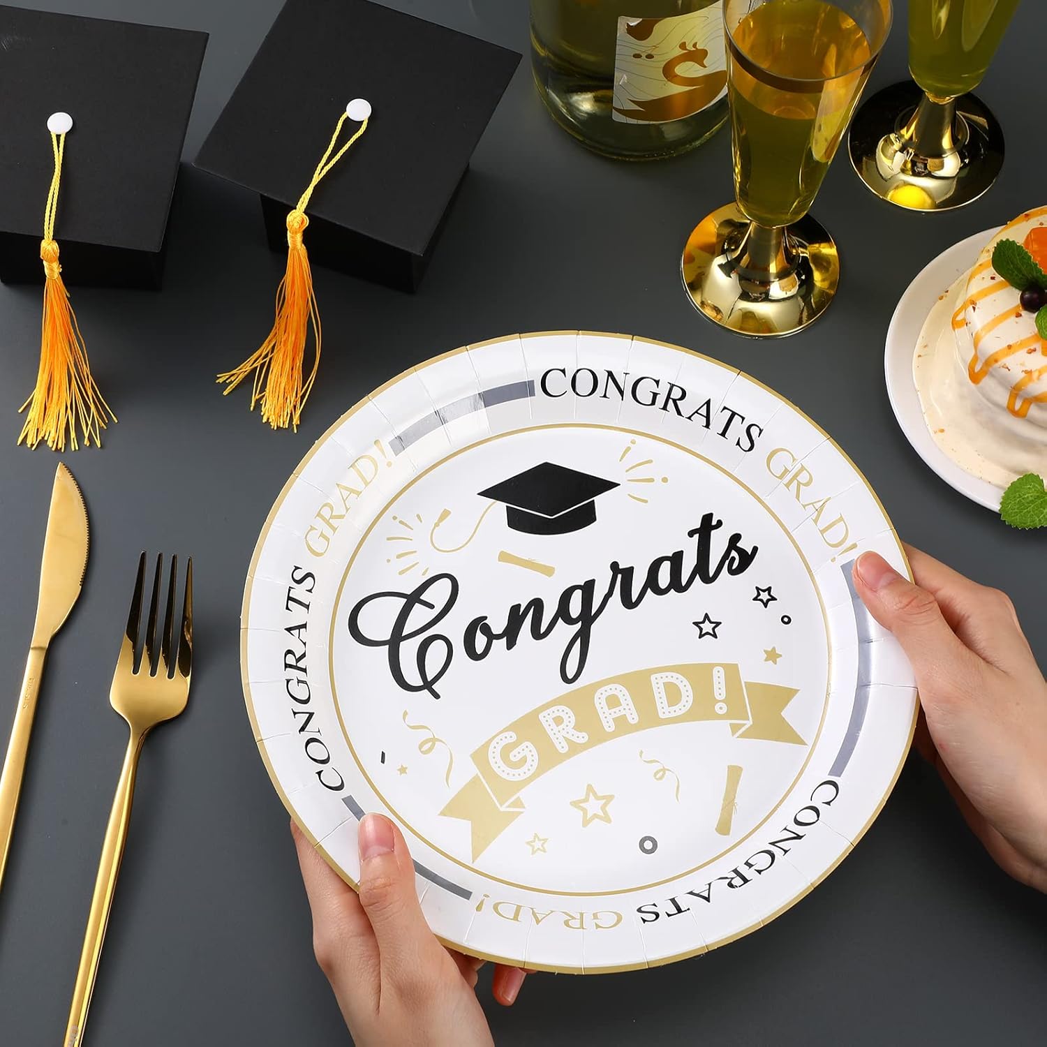 Amyhill 2026 Graduation Party Supplies White and Gold Holiday Paper Plates Disposable 9 Inch Appetizer Plates Congrats Grad Dessert Grad Dessert Tableware for Home School Graduation(100 Pcs)