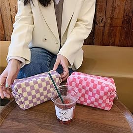 SxoSyo 2 Pcs Cosmetic Bags for Women Makeup Bag Purse Travel Toiletry Zipper Storage Pouch Make up Brushes Organizer for Gifts (Checkered, Purple 2)