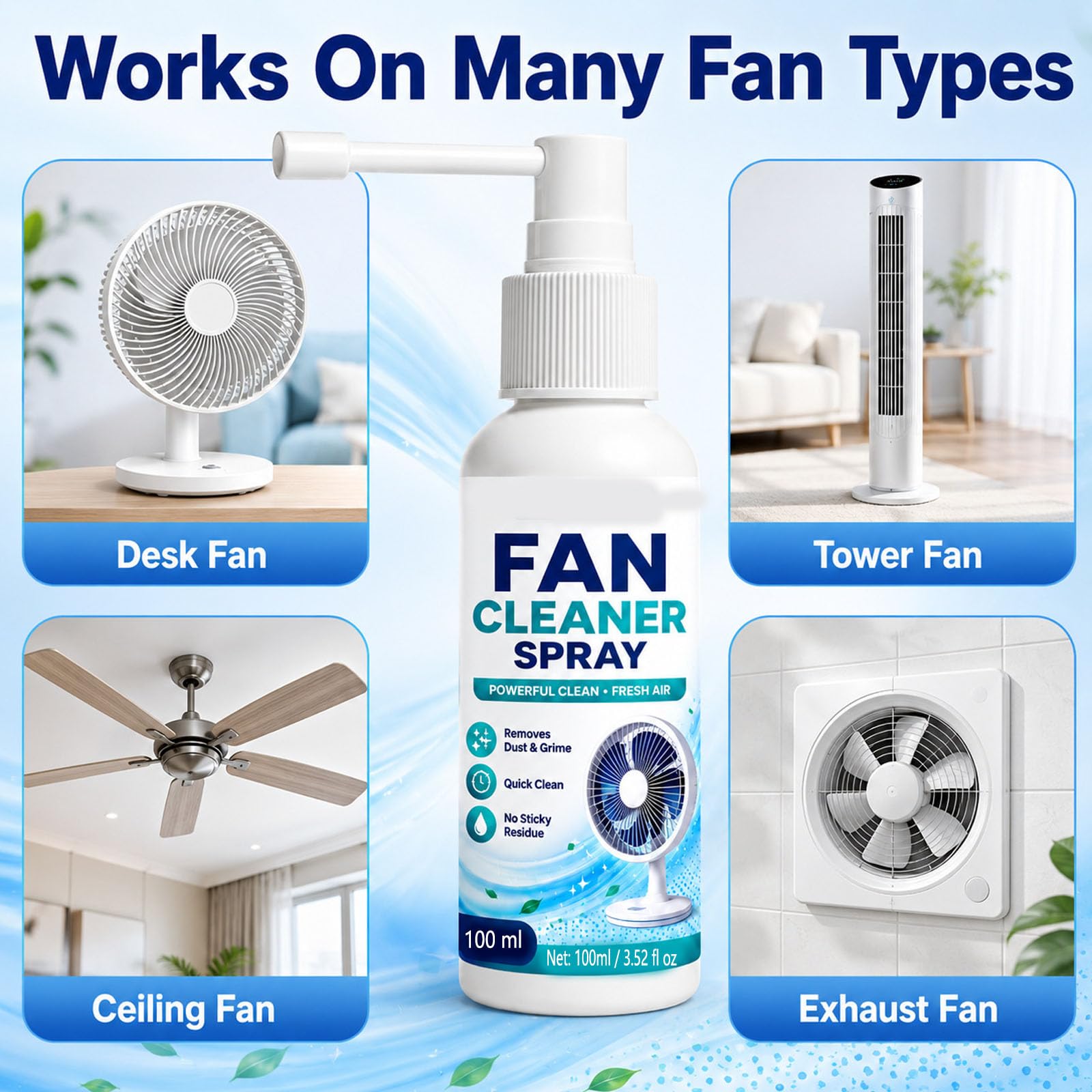 Spray limpiador de ventiladores multiusos (100ml-3pcs+30ml-2pcs) | Limpiador de aspas de ventilador sin enjuague, solución de limpieza sin necesidad de desmontaje con ventiladores de pie