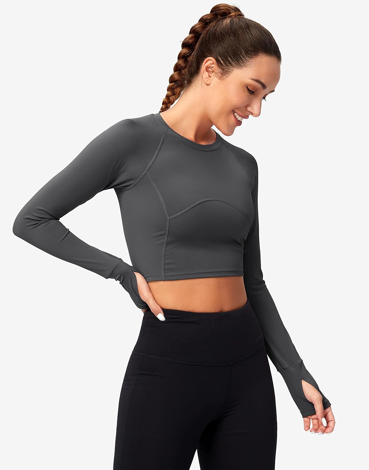 SANTINY Women's Long Sleeve Crop Workout Tops Slim Fit Gym Yoga Running Shirts for Women - Image 2