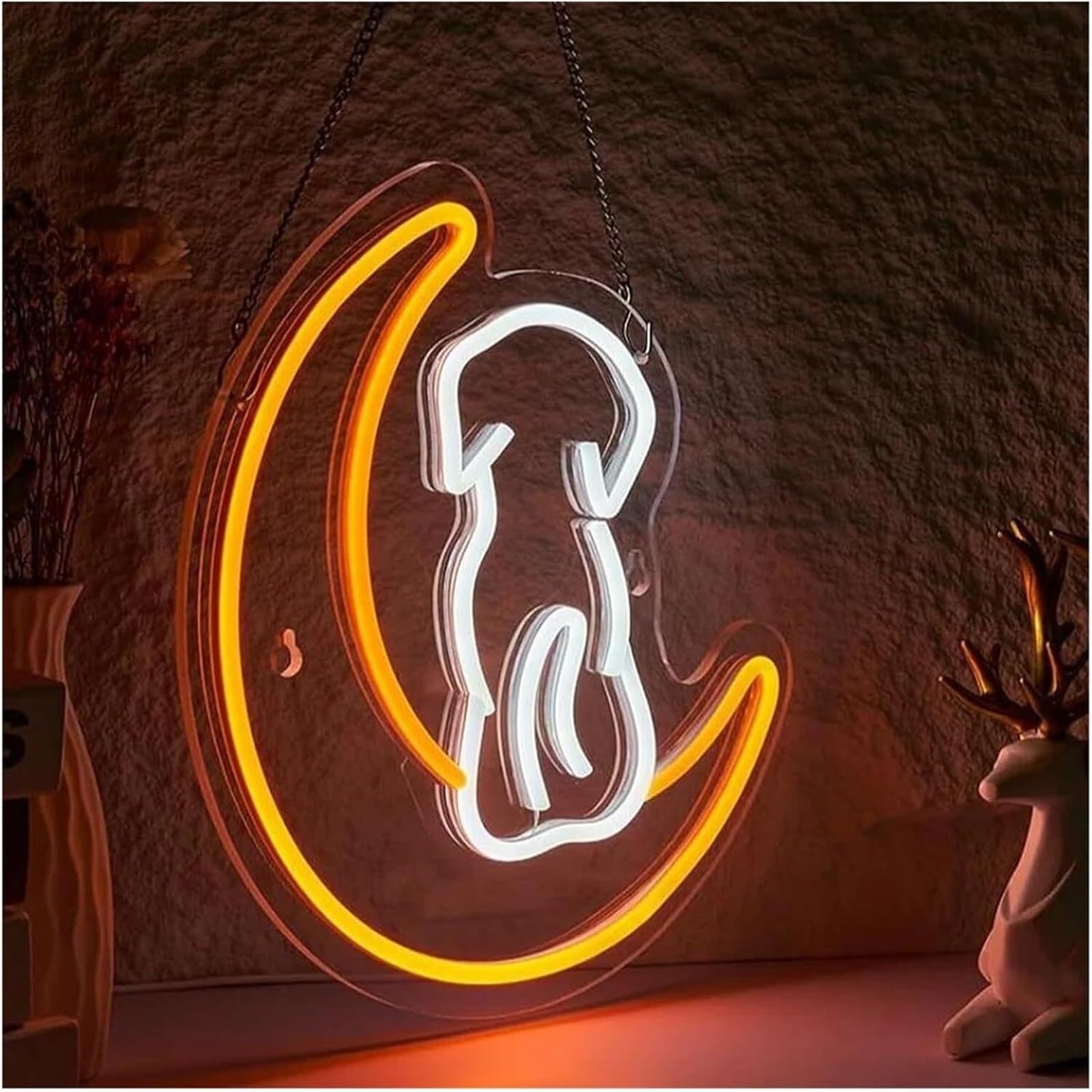 Lampe Néon Enseigne lumineuse LED «Lune et Chien» décoration murale idéale une chambre d'enfant salle jeux fête ou un magasin 31,7×32,8cm