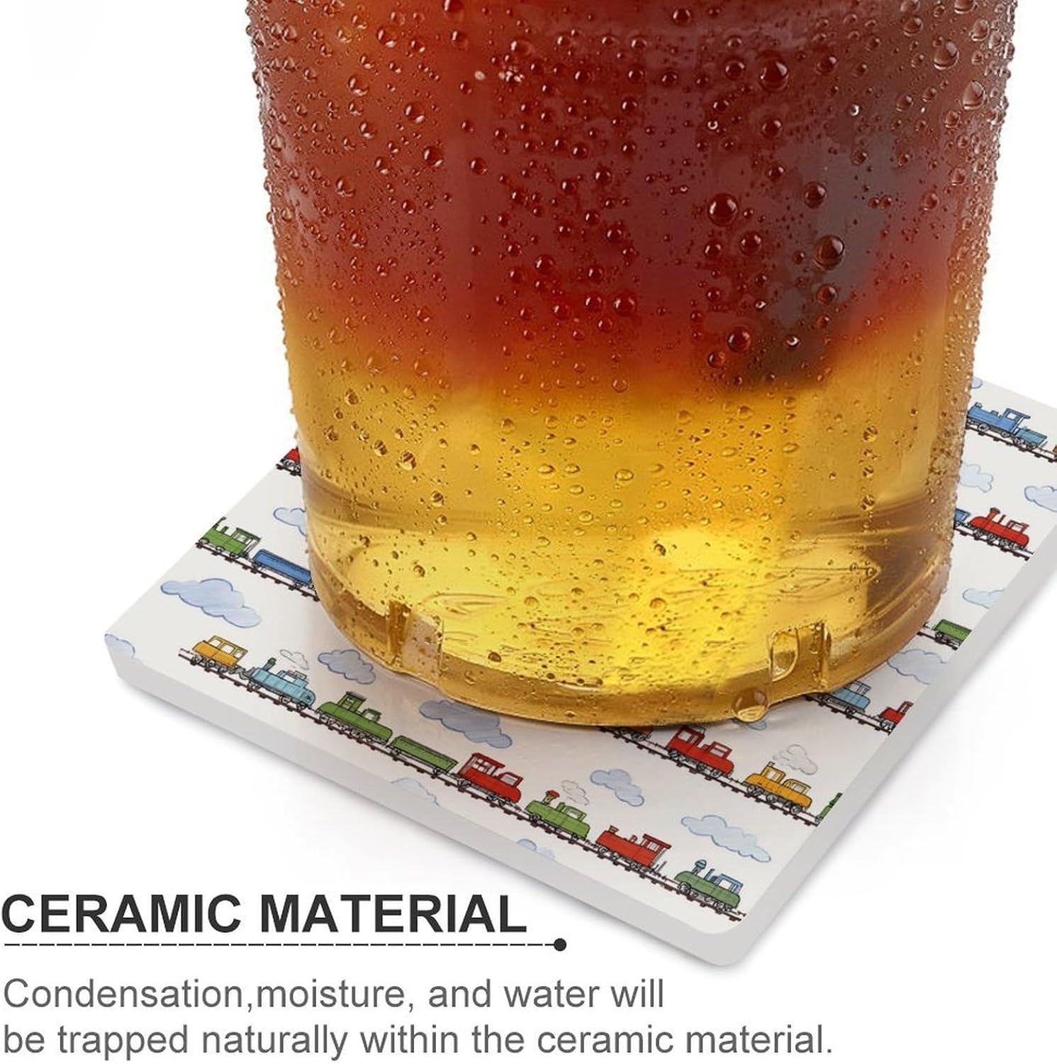 Train Cartoon Car Coaster for Drinks Square Ceramic Table Coasters Stone Mat Crafts 4PCS Home Kitchen Decor