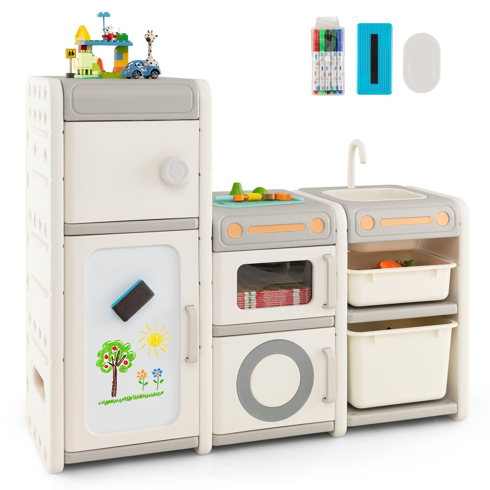 COSTWAY Organizador de Juguetes para Niños, Estantería Infantil para Juguetes con Pizarra Magnética, Fregadero, Grifo Desmontables, Baúl de Juguetes con Armarios Cerrados/Contenedores/Marcadores