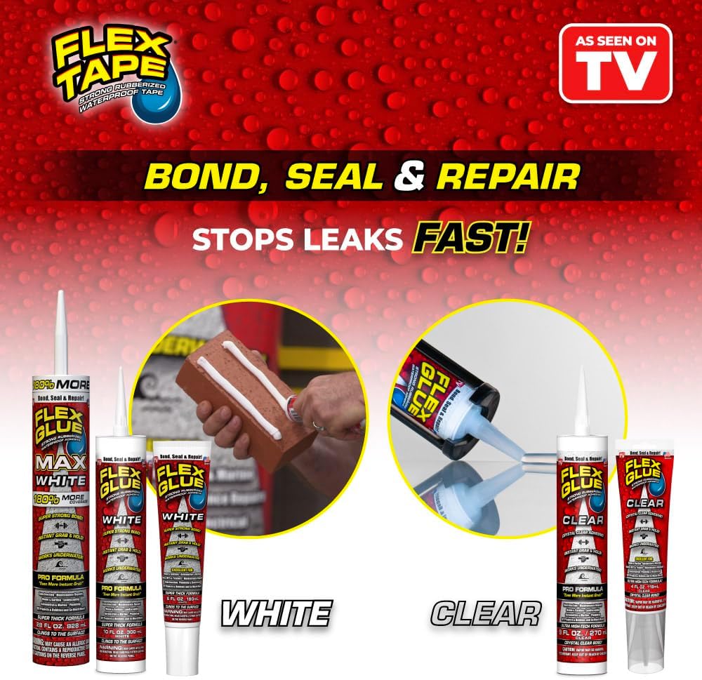 Flex Glue, Super Strong, Rubberized Waterproof Adhesive, Works Underwater, Use on Pools, Showers, Outdoors, Concrete, Brick, Pavers, UV Resistant, 10 oz Cartridge, White, 1-Pack
