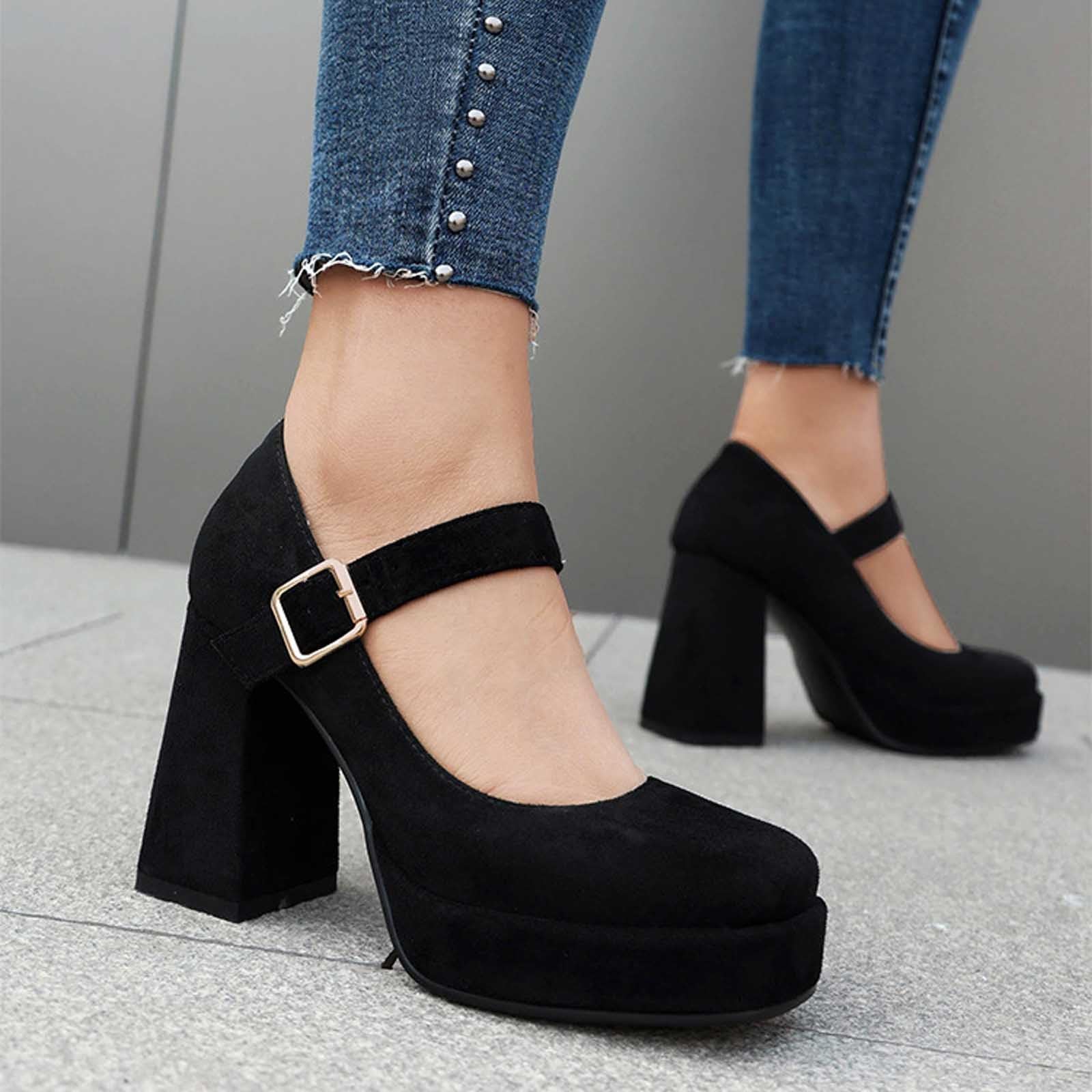 Scarpe eleganti da donna con tacco alto, suola spessa, punta quadrata, per feste eleganti, design classico con cinturino in metallo regolabile, versatile