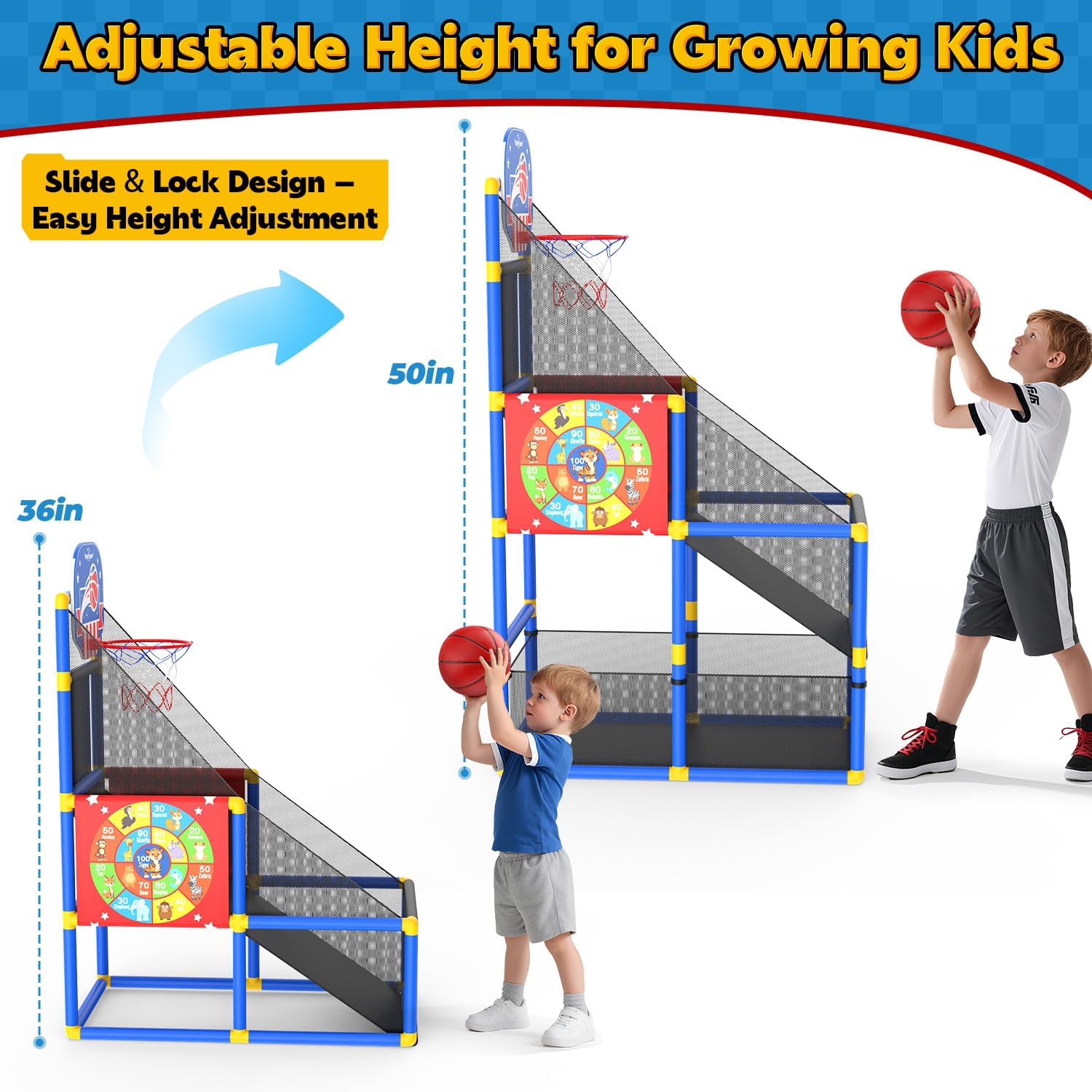 EagleStone 2-in-1 Kids Arcade Basketball Hoop with Dart Board,4 Balls Adjustable Height Basketball Toy Indoor Outdoor Carnival Games Gift for Boys Girls Toddlers Ages 3-6 Years Old,Pump Included