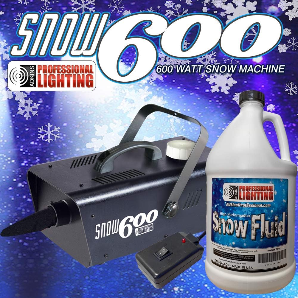 Snow Machine 600 Watt with one gallon of SFG Snow Fluid - High Output. Produces the illusion of real snow. Includes remote control. Let the snow fall all season round!