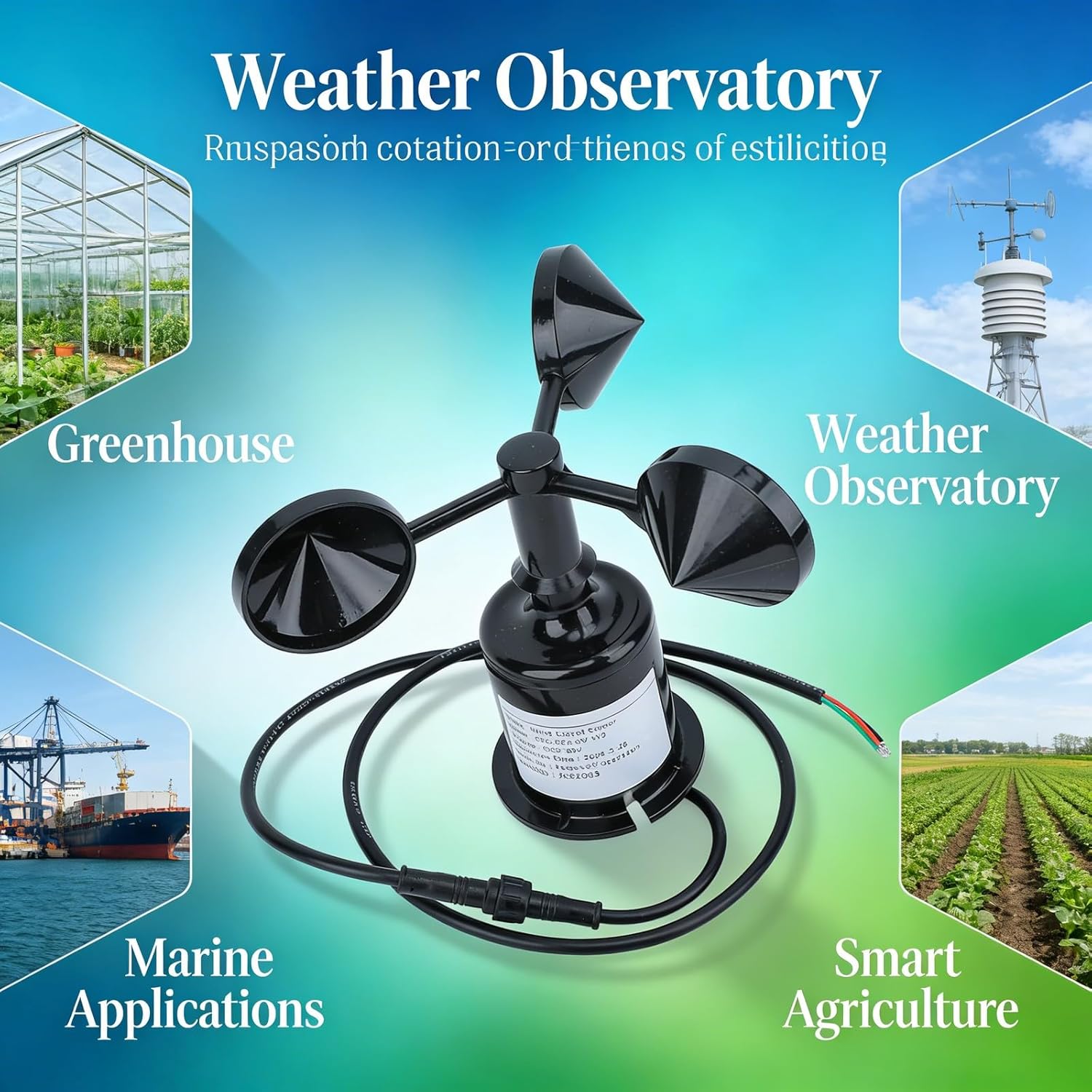 Wind Speed Sensor 3 Cups Anemometer 9-30V, High Accuracy Air Flow Meter Wind CFM - Durable ABS Material, Anti Interference Design, Ideal for and Industry