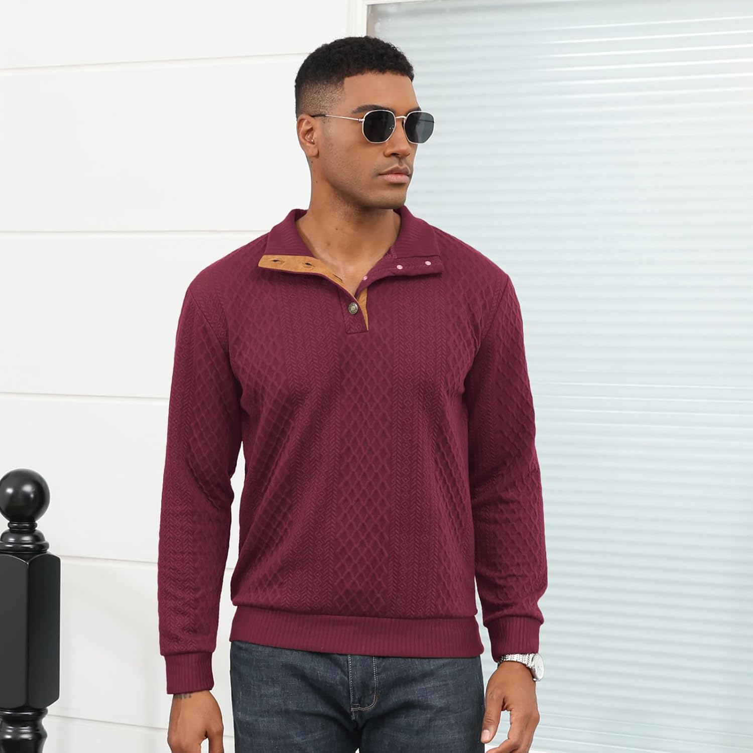 Lexiart Mens Casual Knitted Pullover Sweater Long Sleeve Stand Collar Vintage Button Sweaters with Elbow Patches - Image 7