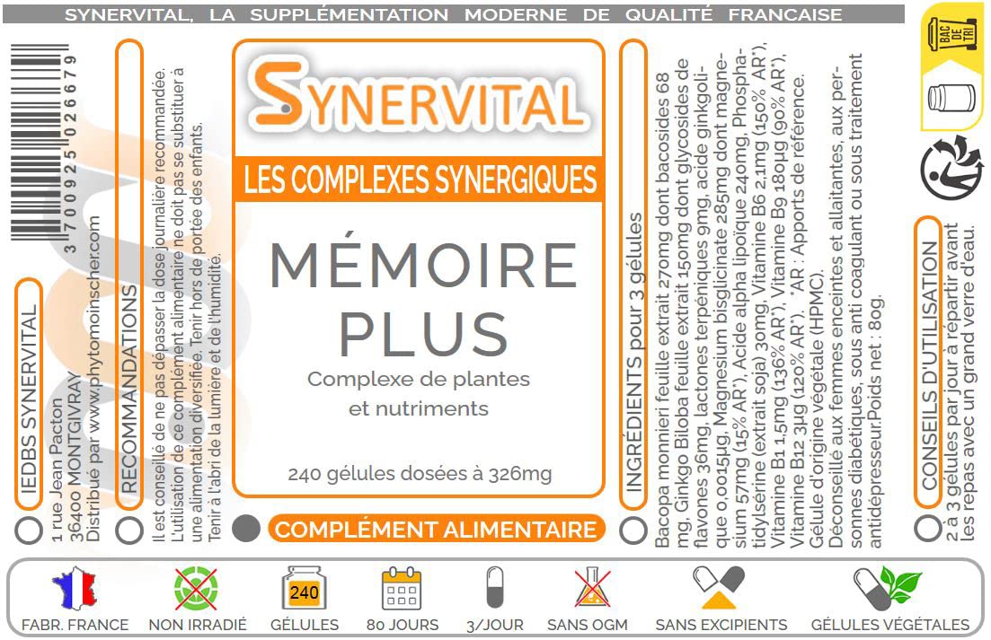 Mémoire Plus Synervital - 240 gélules dosées à 326mg - Complexe de plantes pour la Mémoire - Ginkgo biloba - Bacopa -Magnesium - Vitamines B - Complément alimentaire - Fabriqué en France