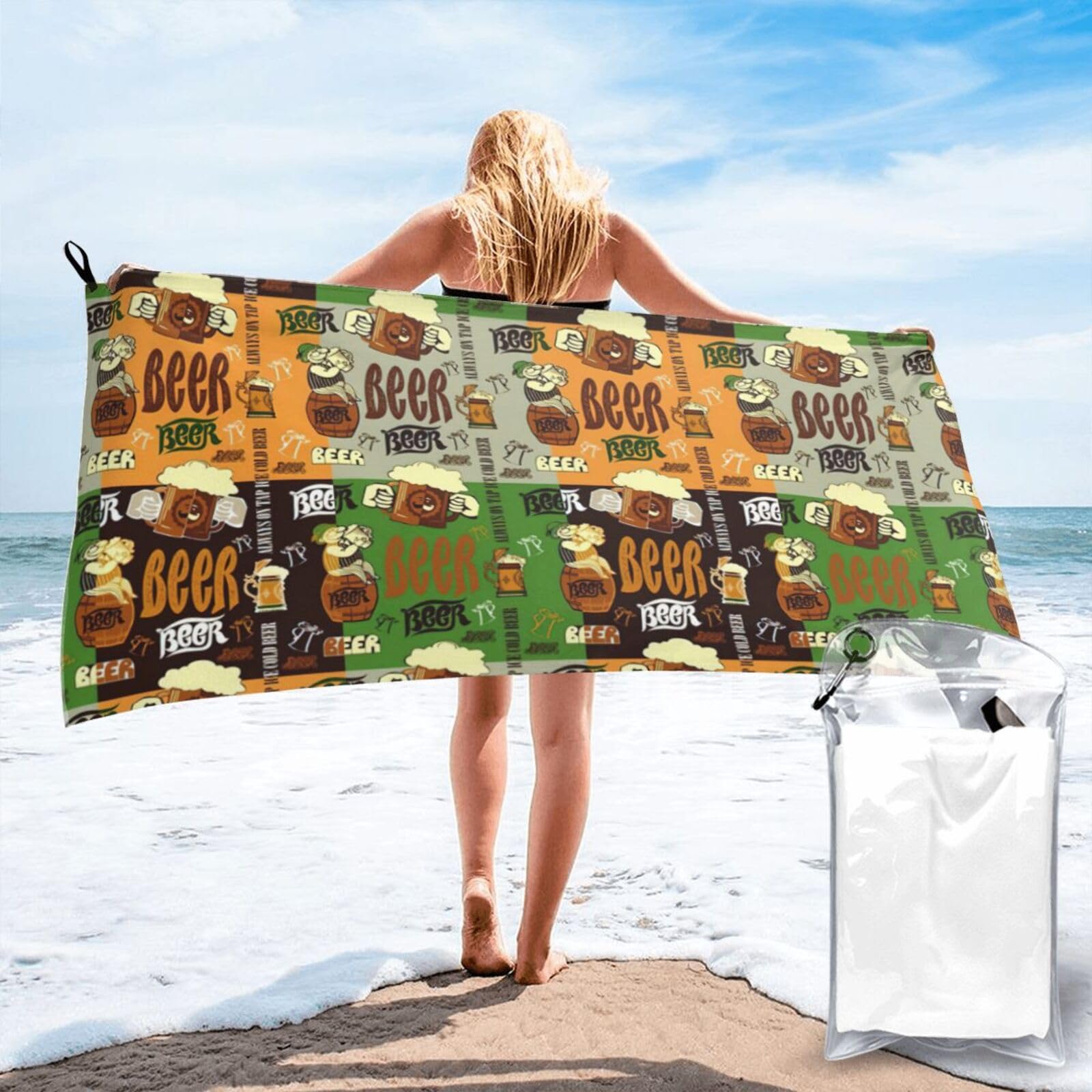SDEGTHO Beer Print Beach Towel Quick Dry Portable For Swimming Yoga Adults Fitness