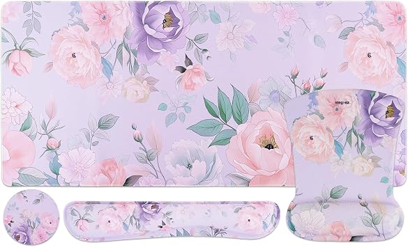 MEGREZ 4-in-1 Mouse Pad with Wrist Rest Ergonomic Memory Foam Desk Mat Set | ergonomic, anti-slip base, 4pcs set, desk pad, mouse wrist rest, keyboard rest, coaster, ideal for office & gaming