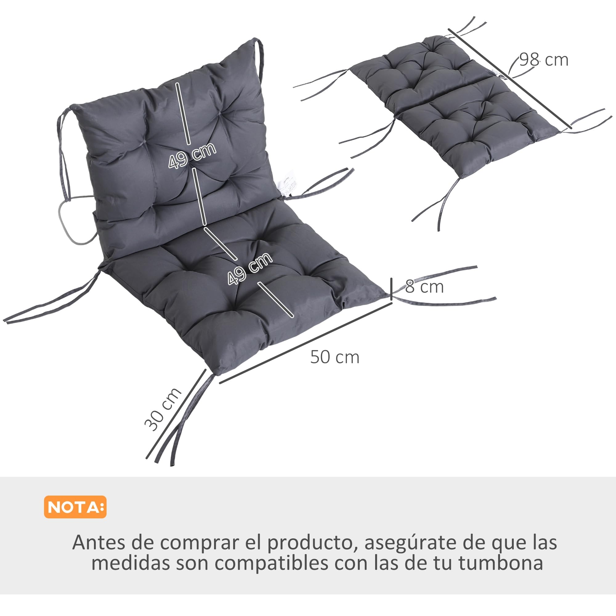 Outsunny Conjunto de 2 Cojines para Silla Terraza 98x50x8 cm Gris Oscuro | Colchones de Banco con Respaldo, 6 Cordones de Fijación, para Jardín Terraza Balcón