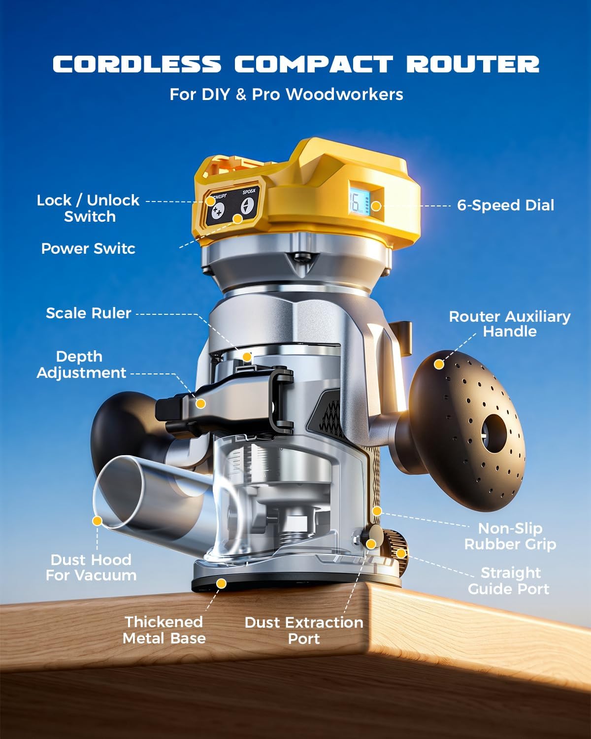 DIYTOOLIFZ Cordless Compact Router Compatible with DeWalt 20V Battery(Tool Only), with Double-Handle Router Fixed Base,800W 30000 RPM Brushless Wood Router, 15 Router Bits