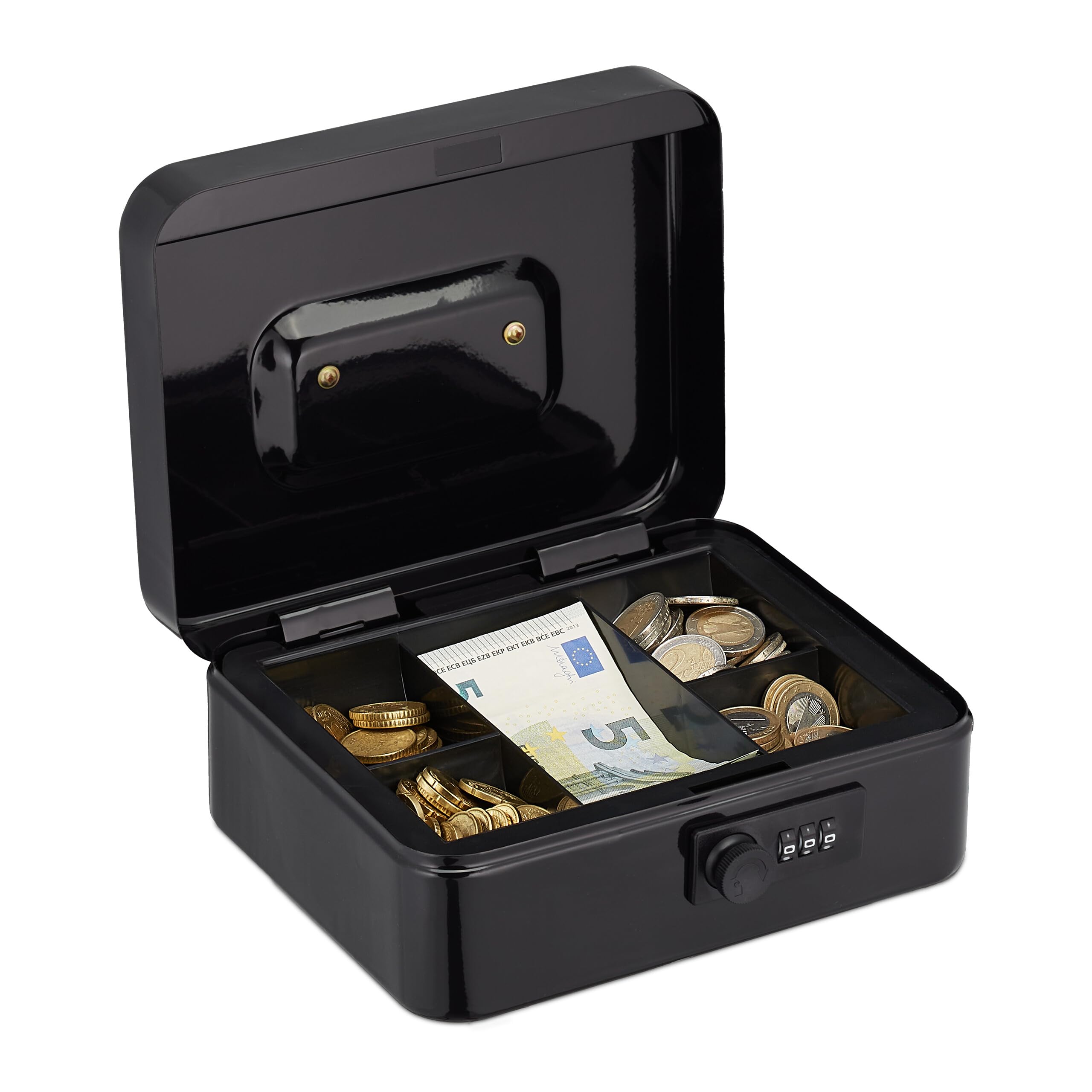 Relaxdays Cash Box, 3-Digit Combination Lock, Coin Insert, Money Tray Iron, Storage Safe, HWD: 8.5 x 20 x 17 cm, Black