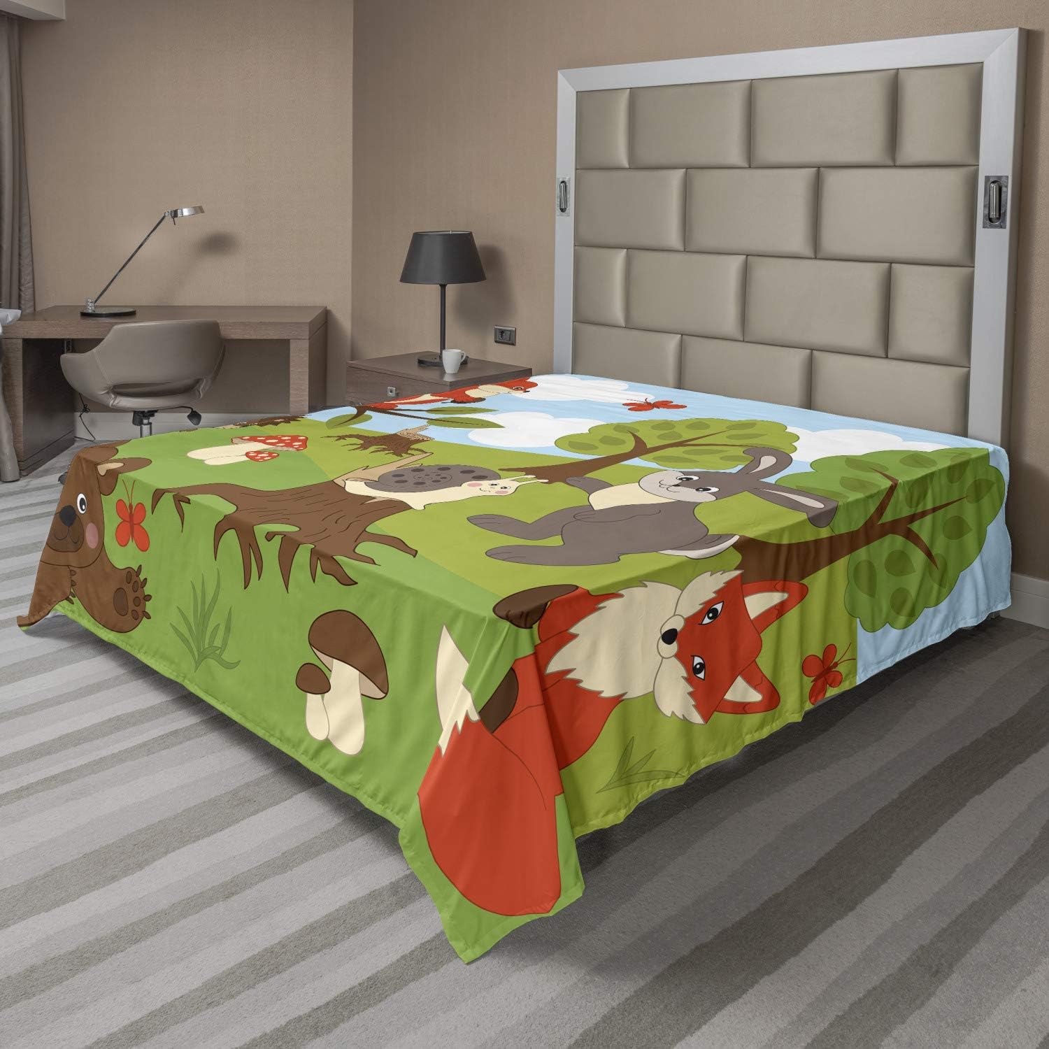 Ambesonne Forest Friends Flat Sheet, Woodland Animals Cartoon with Fox Rabbit Bear Hedgehog Snail and Squirrel, Soft and Comfortable Top Sheet Decorative Bedding 1 Piece, Full Size, Multicolor