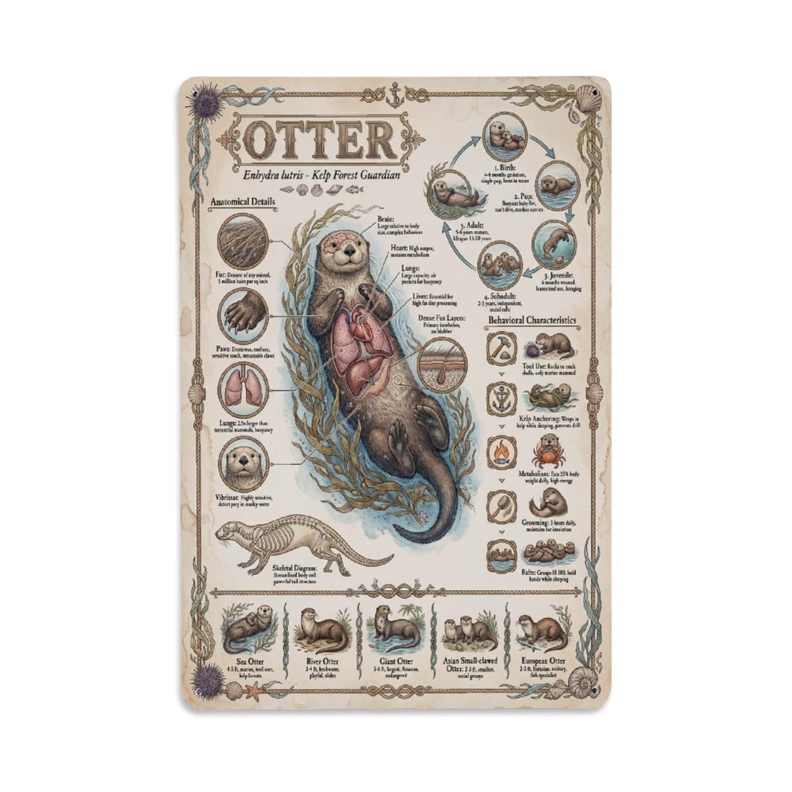 Wildlife Biology Kids Animal Guide Otter Anatomy Sci Inf Metal Tin Sign Plaque Wall Decor for Cafe, Man Cave, Club Bar, Office, Home Garden Round Metal Poster 8x12Inch