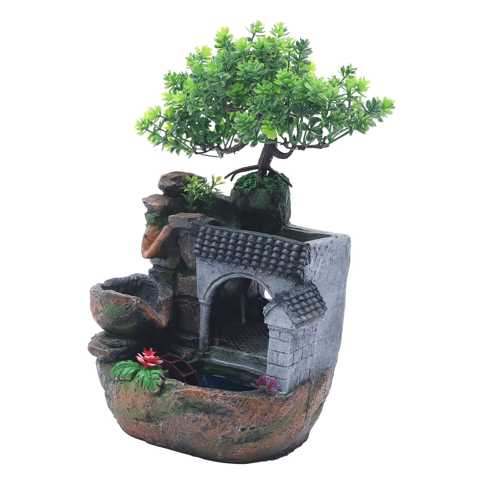 Desktop Fountain Waterfall, Tabletop Water Fountain with LED Lights, Simulation Landscape Ornaments with Rockery, Indoor Resin Ornament for Office, Home, Bedroom (7.87 * 5.9 * 11.81in)