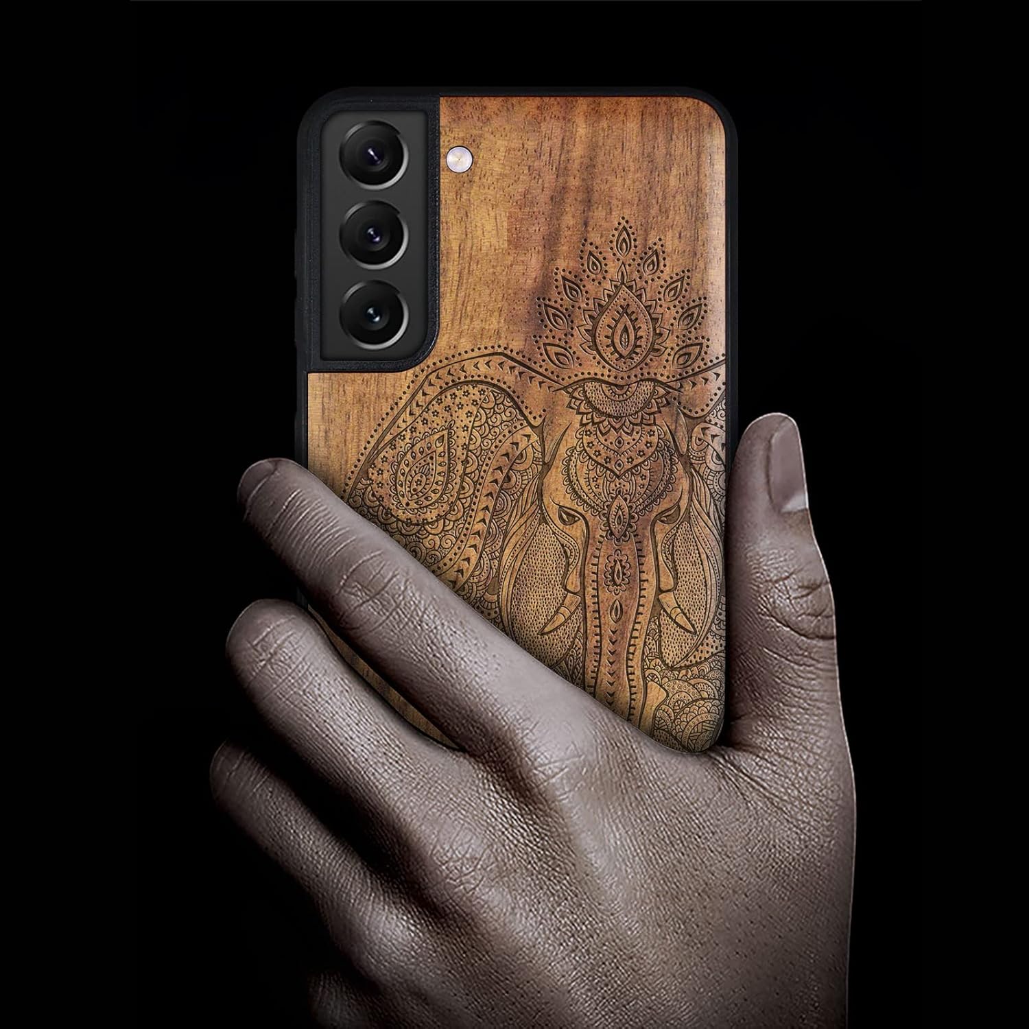 Carveit Wood Case for Galaxy S22 Case [Real Wood & Black Soft TPU] Shockproof Protective Cover Classy Wooden Design Compatible with Samsung S22 (Indian Lotus Elephant-Walnut)