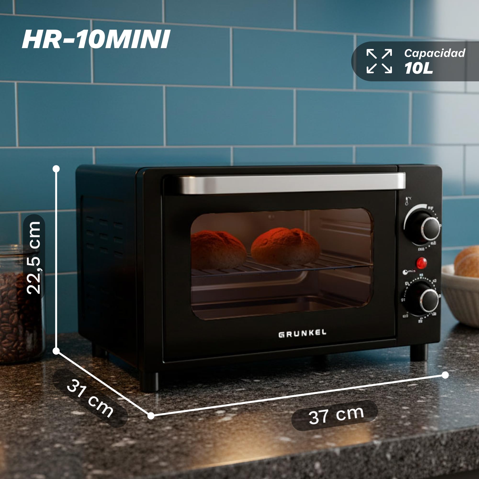 Grunkel Horno electrico de sobremesa tostador de 10 litros HR-10MINI con 3 funciones de calor y selector de temperatura hasta 230ºC. Temporizador hasta 60 min - 800W (Mini)