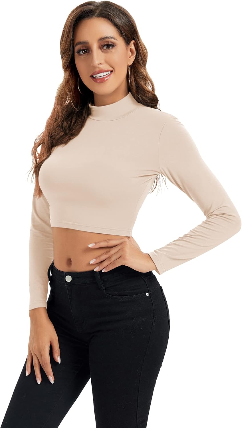 Womens Long Sleeve Crop Tops Lightweight Mock Neck Base Layer Shirts - Image 4