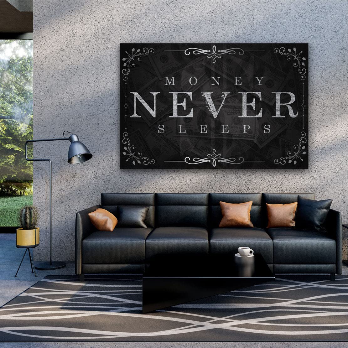 Quadro Moderno Stampa su Tela Motivazionale Soldi Money Never Sleeps Silver Canvas Dimensione 60x40x2cm
