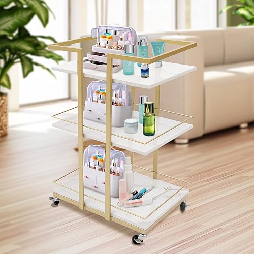 Miniatura 2 de Carrito rodante de 3 niveles con rueda, carrito organizador de baño, carrito dorado para servir, carrito multifunción para cocina, sala de estar,