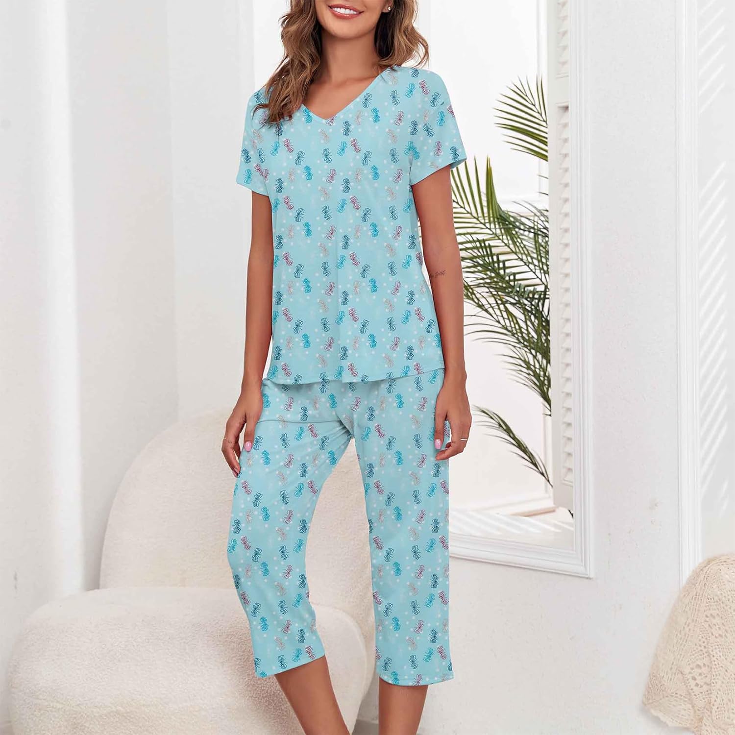 Century Star Women Summer Pajamas Soft Sleepwear Top with Capri Pants Ladies Short Sleeve Cotton Pajamas Sets - Image 8