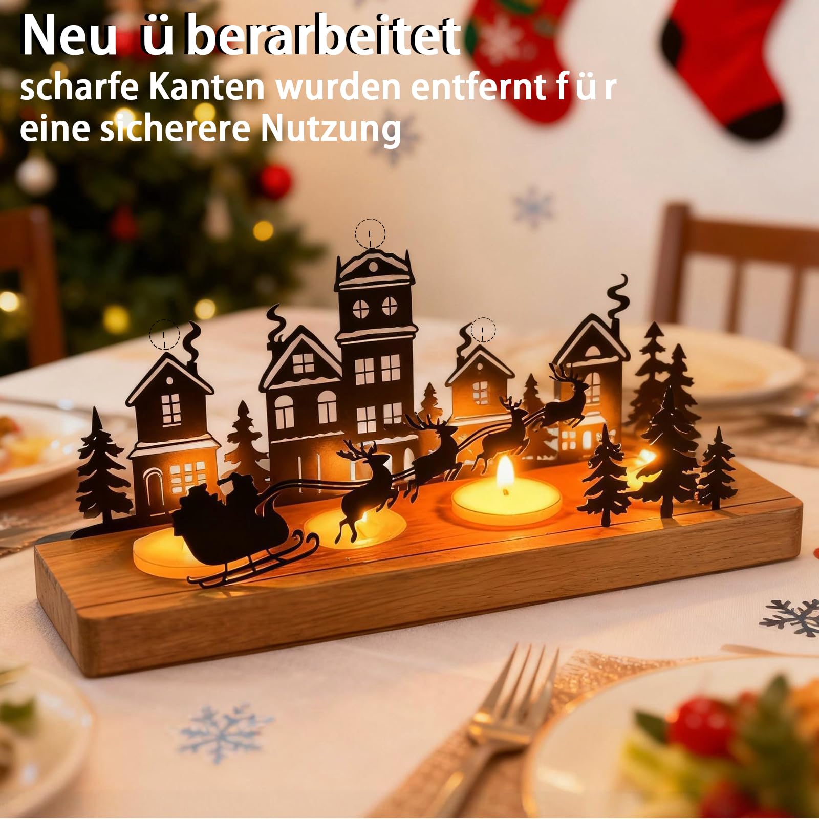 Betensh Kaarsenhouder voor adventskrans, kaarsenhouder decoratief kerstmetaal met rendier en maan Trineo sterren, stabiele houten sokkel 28 x 12,5 x 8 cm, kerstmiddenstuk