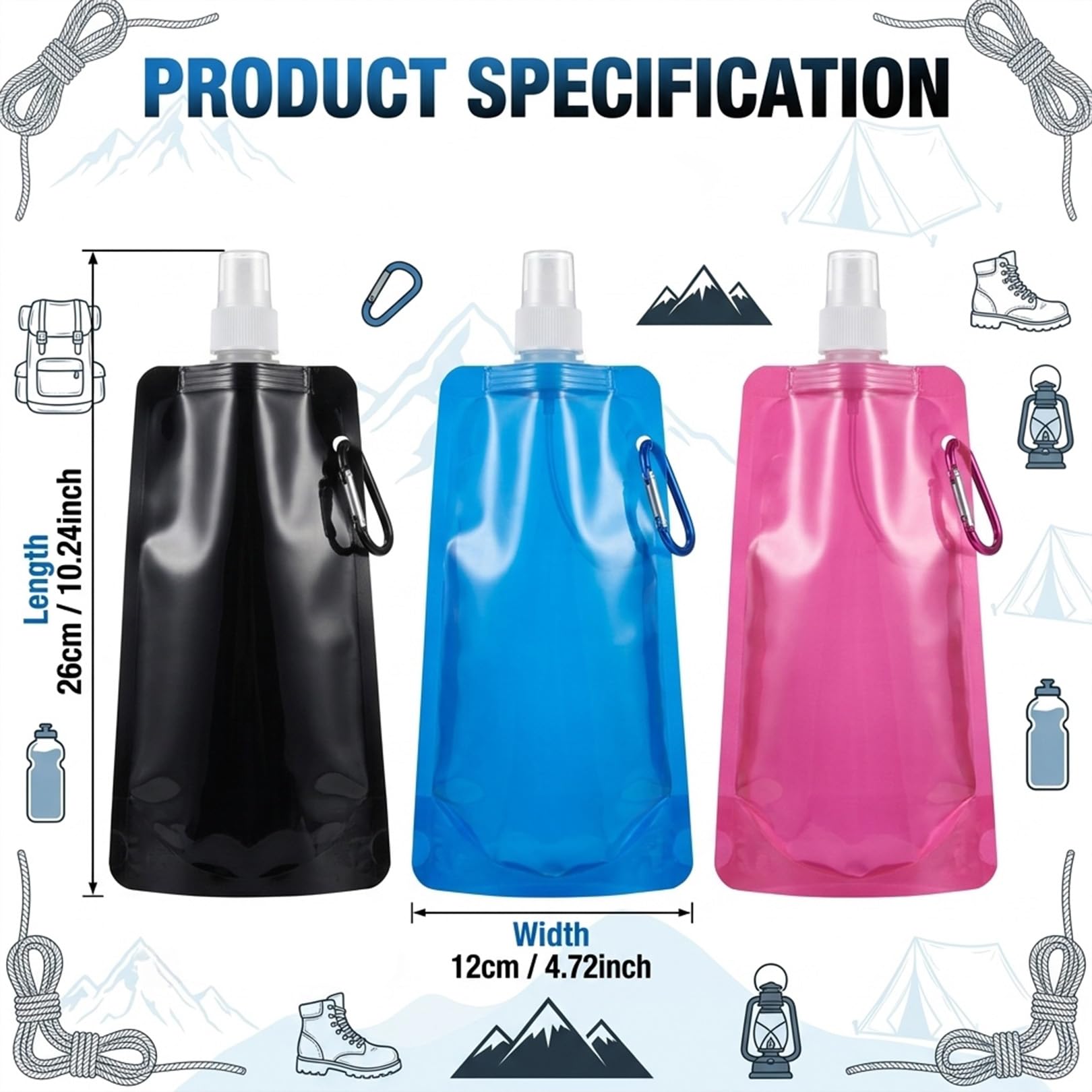 3 Stück Faltbare Trinkflasche 500ml,Faltbare Wasserflasche,Trinkflasche Faltbar,Wasserflaschen Flasche Faltflasche Trinkbeutel Festival Wiederverwendbare Zusammenklappbare mit Clip für Wandern Reisen