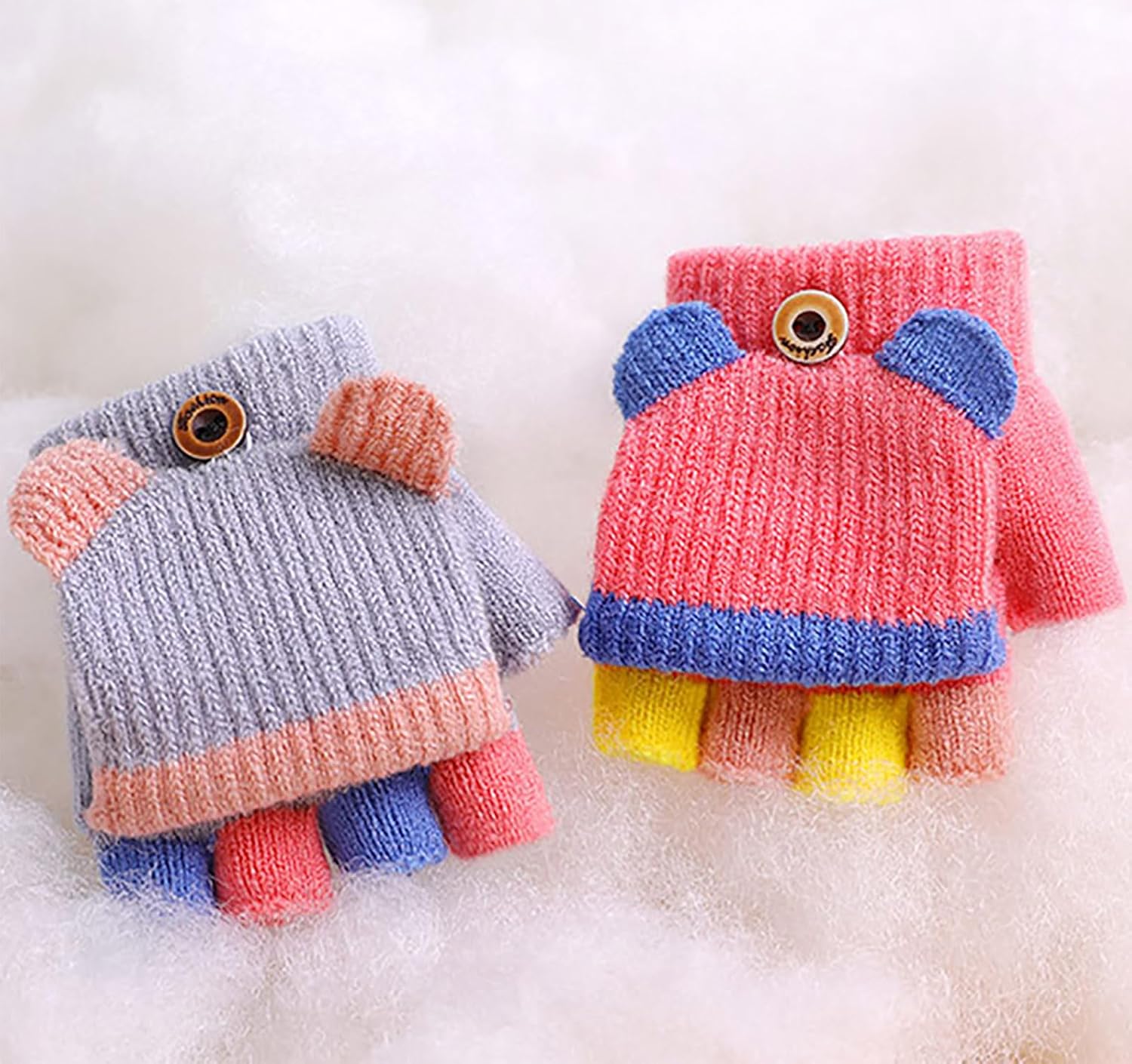 Lomodo 3 Pair Kids Winter Gloves Fingerless Gloves Convertible Warm Mittens Flip Top Toddler Gloves Baby Gloves for Kids 1-6 Years (Light Blue,Dark Blue,Grey)