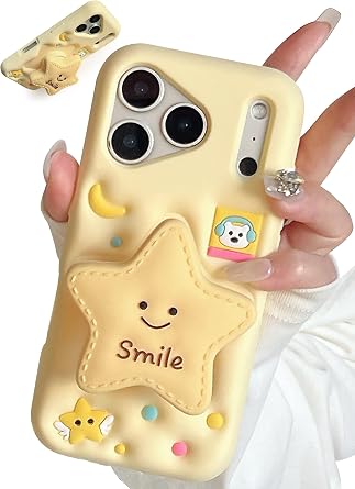 for iPhone 17 Case, Kawaii 3D Stars Pop-Up Grip for Girls | Makes Mirror Selfies Sweeter, Cute Girly Cartoon Style with Stand, Gift for Kids & Teens, Soft Silicone Drop Protection