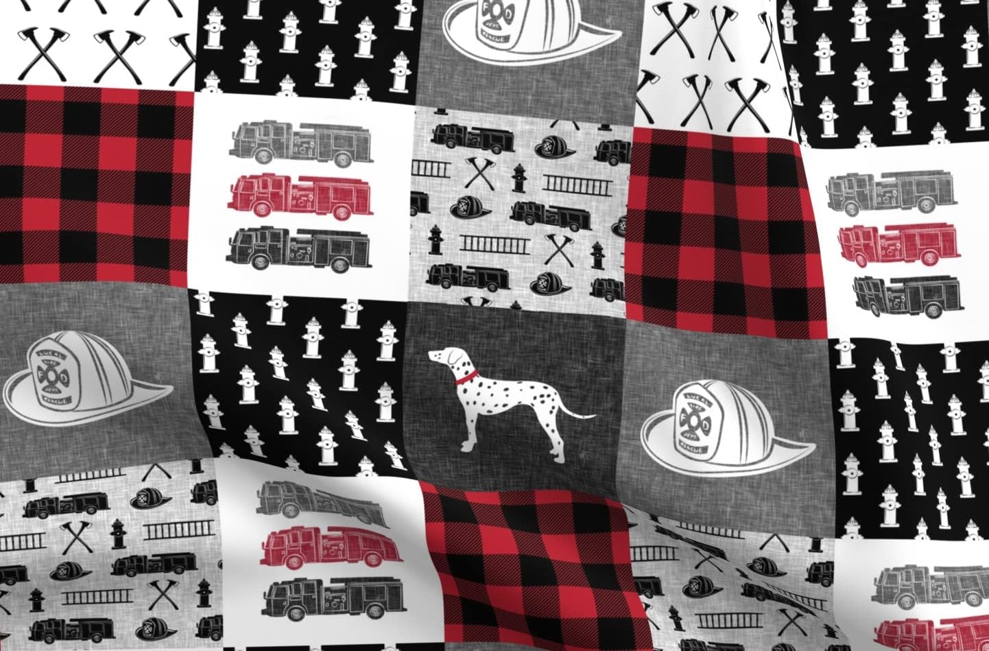 Spoonflower Fabric - Fire Truck Engine Baby Boy Nursery Patchwork Quilt Top Cheater Printed on Upholstery Velvet Fabric Fat Quarter - Upholstery Home Decor Bottomweight Apparel