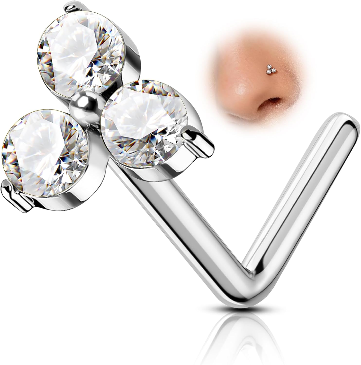 COCHARM Minimalist Titanium Nose Stud, 20g L Shape Flower Nose Ring Stud Cute G23 Titanium Surgical Steel Silver Nostril Piercing with Clear CZ Hypoallergenic