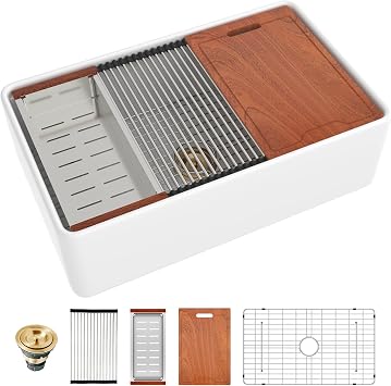 White Farmhouse Sink Fireclay Workstation Apron Front Farmer Kitchen Sink 33"x20" Undermount Single Bowl Kitchen Sink with Accessories