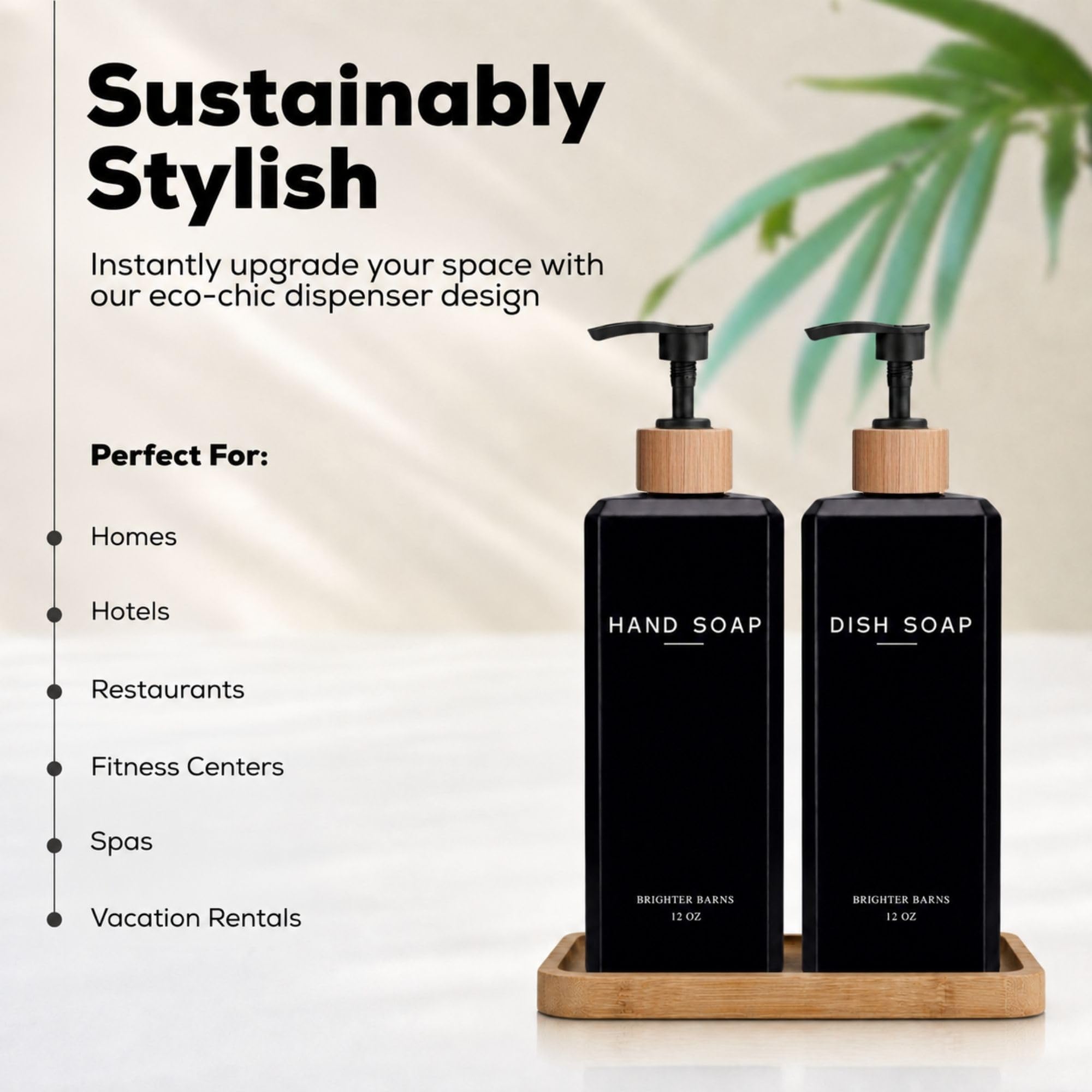 Brighter Barns Hand- und Spülseifenspender-Set aus schwarzem Glas, 340 ml, Küchenseifenspender-Set mit Bambus-Tablett und Pumpe, Boho-moderne Heimdekoration für Küchenspüle, Restaurant, Hotel