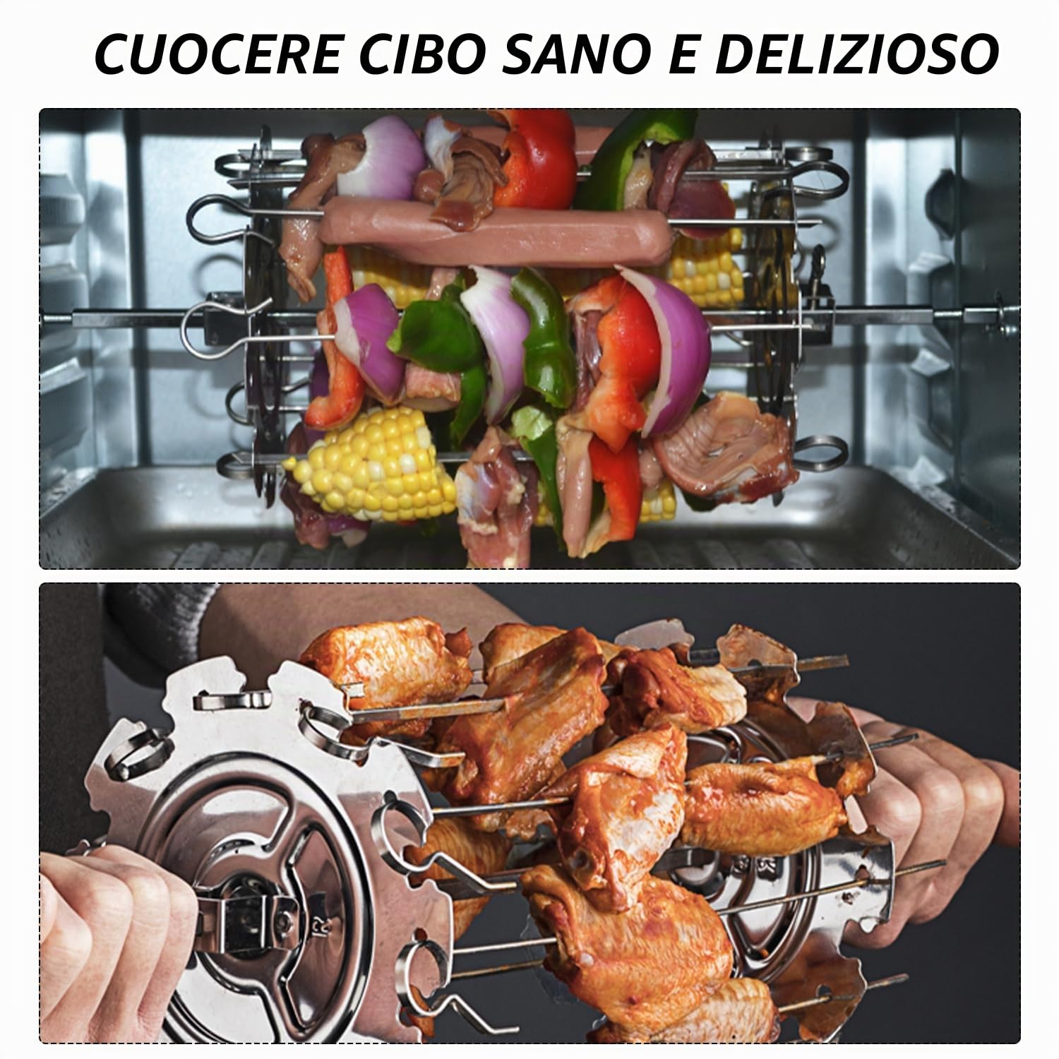 Set di 10 spiedini girevoli in acciaio inox, set di spiedini girevoli di qualità professionale, da utilizzare con forno, barbecue o friggitrice ad aria calda