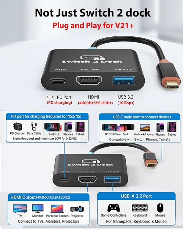 Switch 2 Dock for Nintendo Switch 2,Plug&Play for V22+, Portable TV Travel Docking Station,Steam Deck Dock USB C to HDMI Hub Charger Laptop Docking with USB A 3.2/4K HDMI/PD 100W. by Techigher - Used condition - Image 8