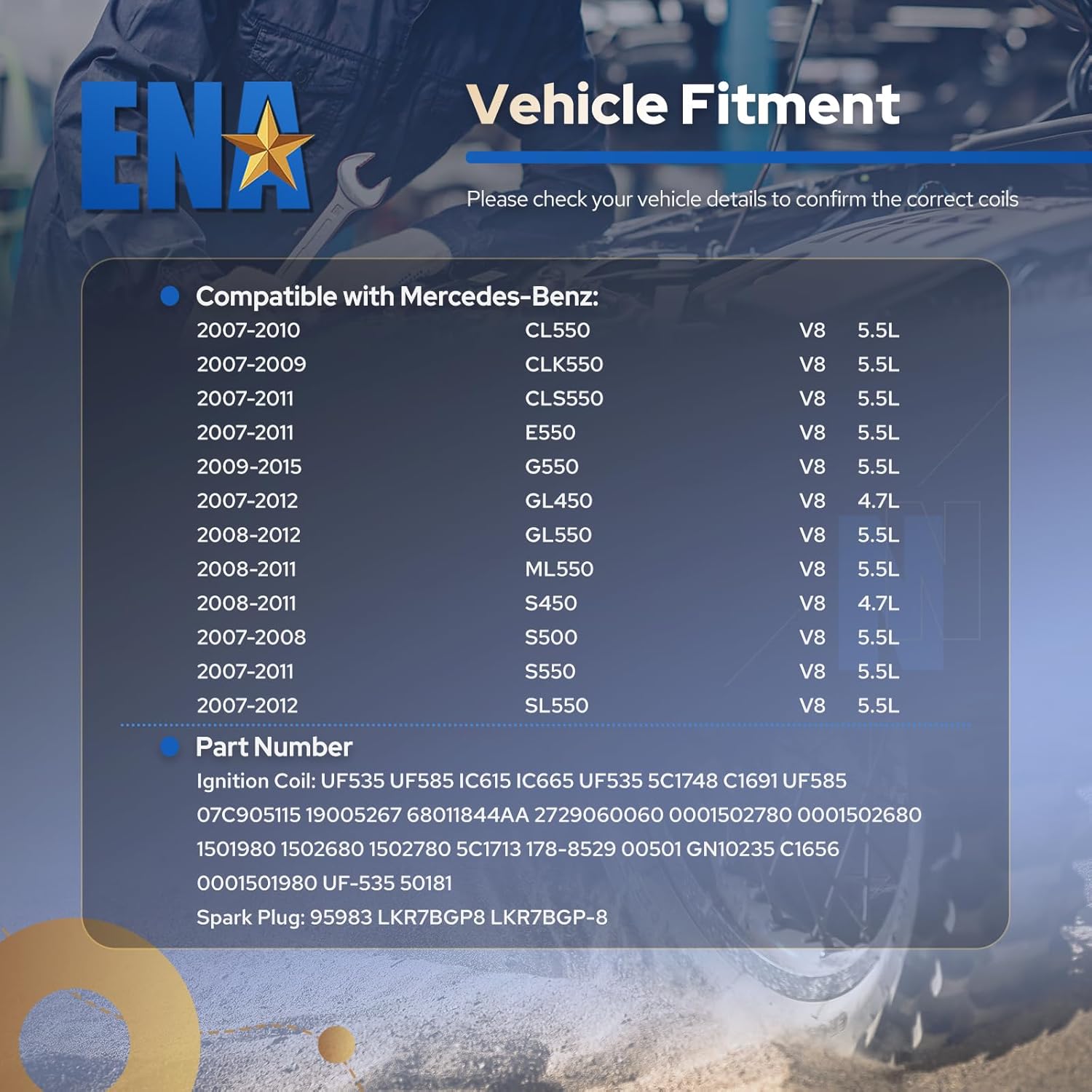 ENA Pack 8 Ignition Coil UF535 with 95983 Spark Plug 4.7L 5.5L Compatible with Mercedes-Benz 2007 2008 2009 2010 2011 2012 2013 2014 2015 CL550 CLK550 CLS550 E550 G550 GL450 GL550 S500 S550 SL550