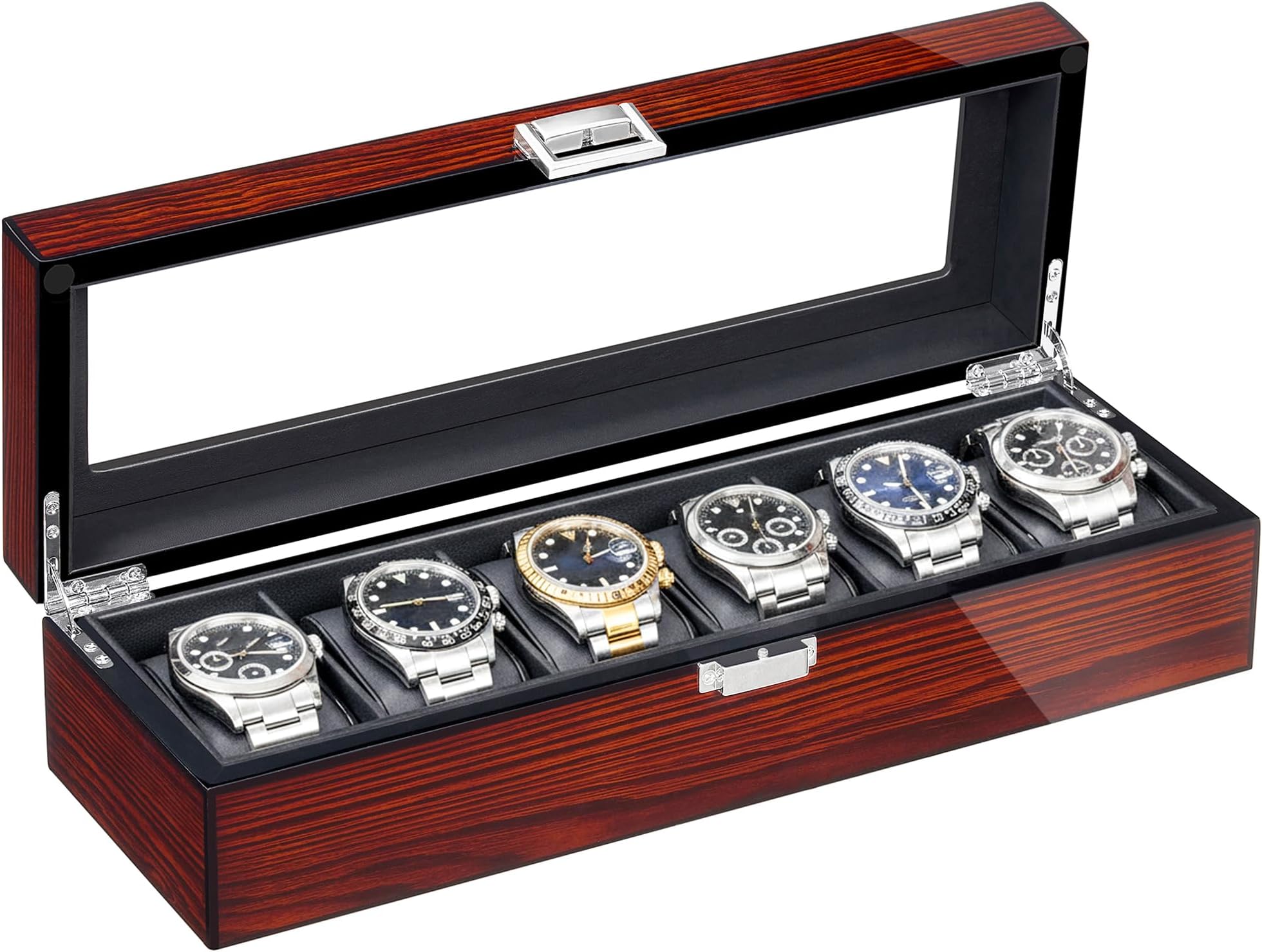 BEWISHOME Watch Box for Men - Luxury Watch Case, Real Glass Top, Smooth Faux Leather Interior, 6 Slot Watch Organizer,Brown SSH06Y