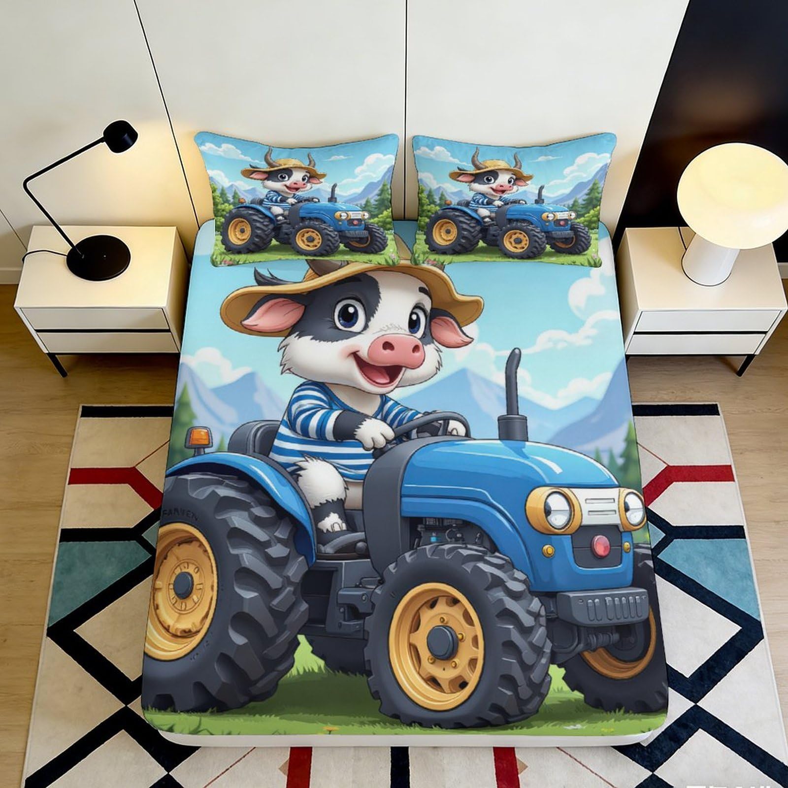 3D Printed Cartoon Farm Cow Fitted Sheet Microfiber Deep Pocket Kids Bedding Cartoon Farm Cow Mattress Fitted Cover Washable 200x200x25cm
