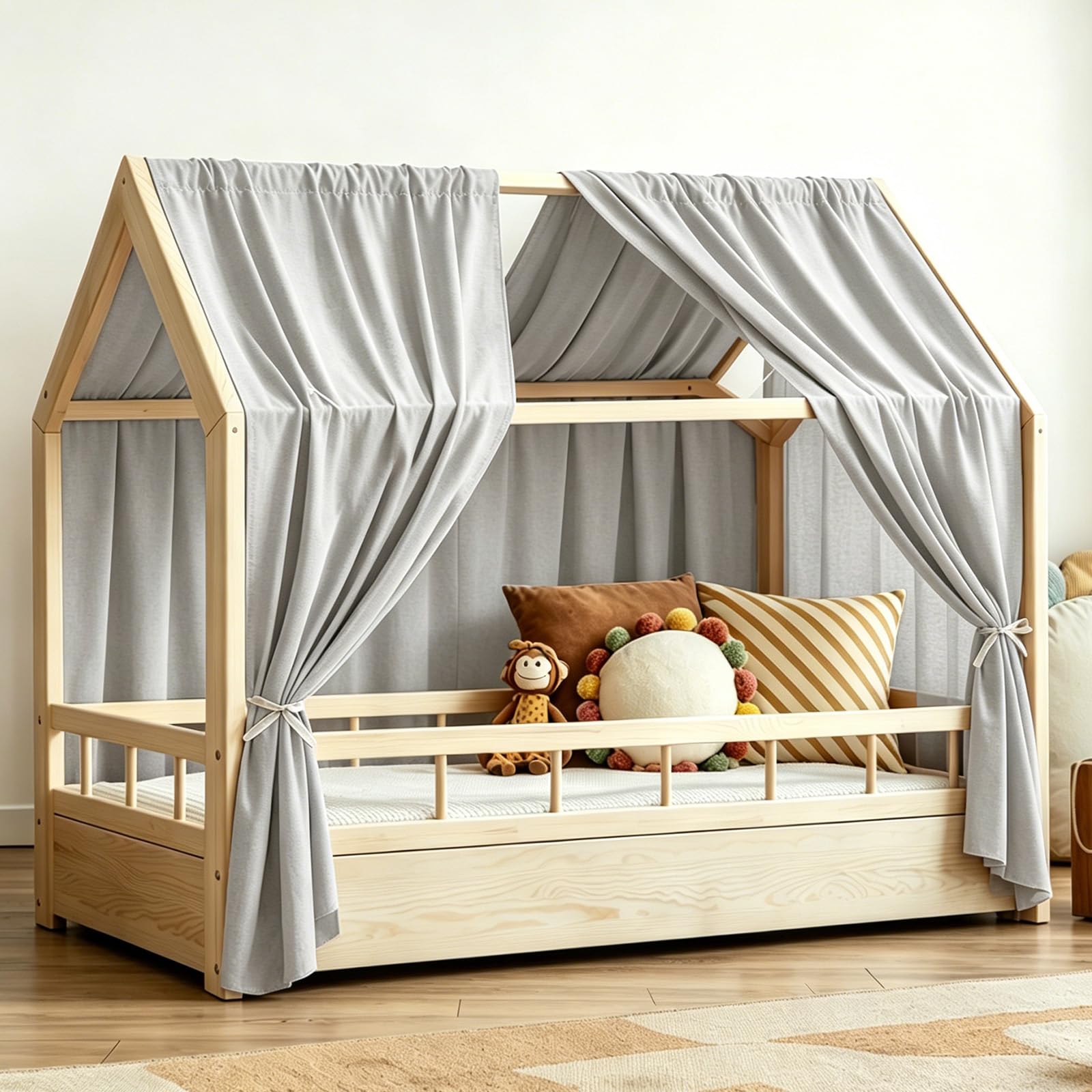 Hausbett Himmel, 2 Stück Betthimmel Hausbett Musselin, Baldachin Kinderzimmer Stoffhimmel für Hausbetten Mädchen Jungen Baldachin Kinderbett Kinderzimmer Deko (Hellgrau, H270 x B67 cm (2er Pack))
