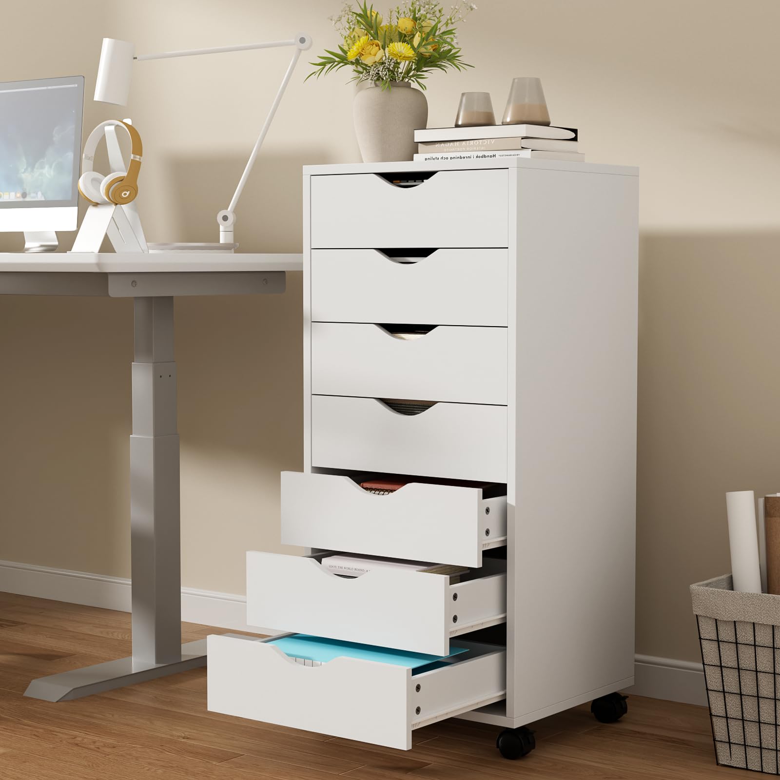 VOWNER Cajonera con 7 cajones, armario móvil debajo del escritorio, armario de cajones estrecho, contenedor de oficina con 4 ruedas, mesa de impresora para hogar y oficina, 35 x 40 x 87 cm (blanco)