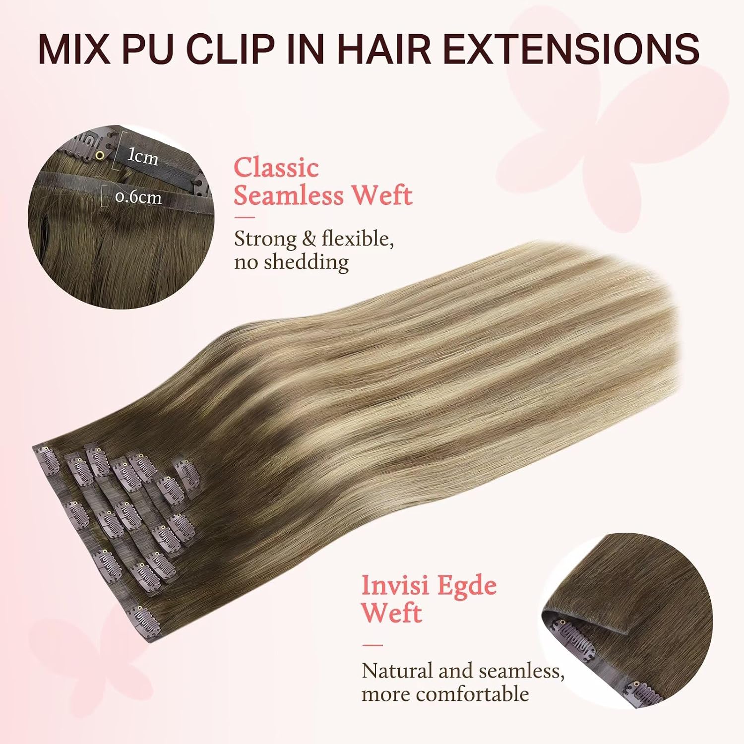 DOORES Clip in Hair Extensions Set 24 Inch 160g, 4pcs Invisi Edge Clip ins and 3pcs Classic Seamless Clip ins, Injected Virgin Real Human Hair Extensions Natural Invisible Straight, #3/8/613