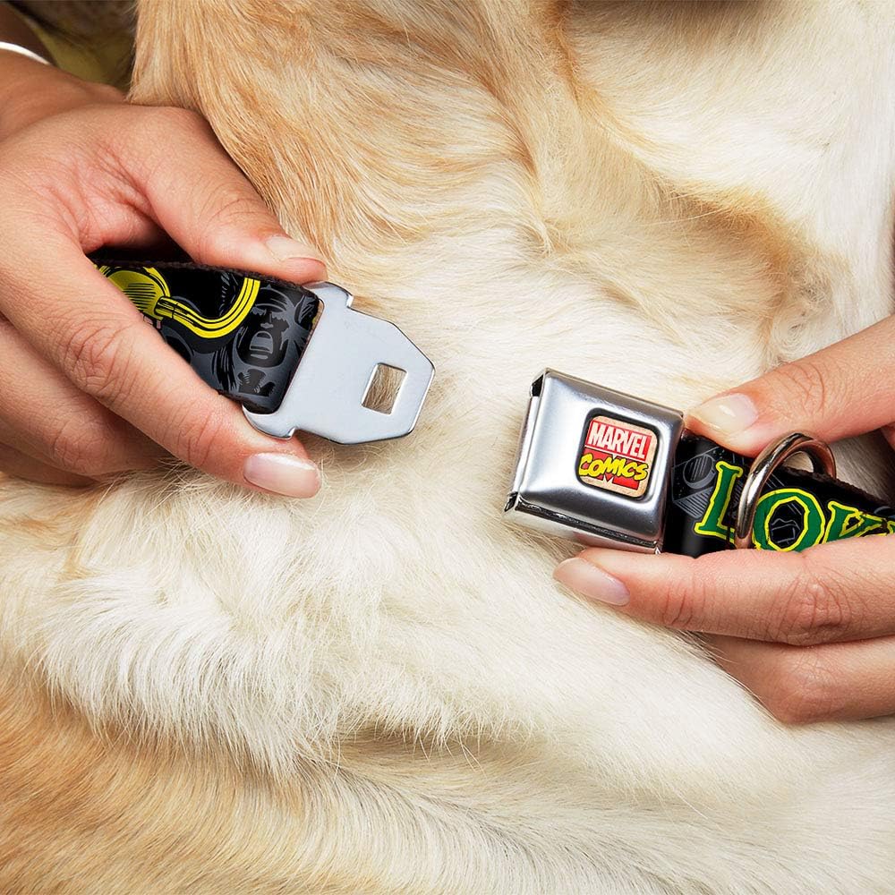 Buckle-Down Seatbelt Buckle Dog Collar - LOKI in Action Black/Gray/Yellow/Green - 1.5" Wide - Fits 13-18" Neck - Small