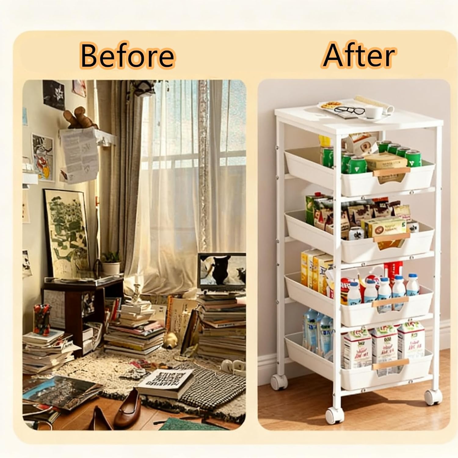 CarolynDesign 5-Tier Metal Frame Organizer Utility Cart with Wooden Top, Multi Functional Rolling Wheels Storage with Pull Out Drawers for Kitchen, Living Room, Bathroom