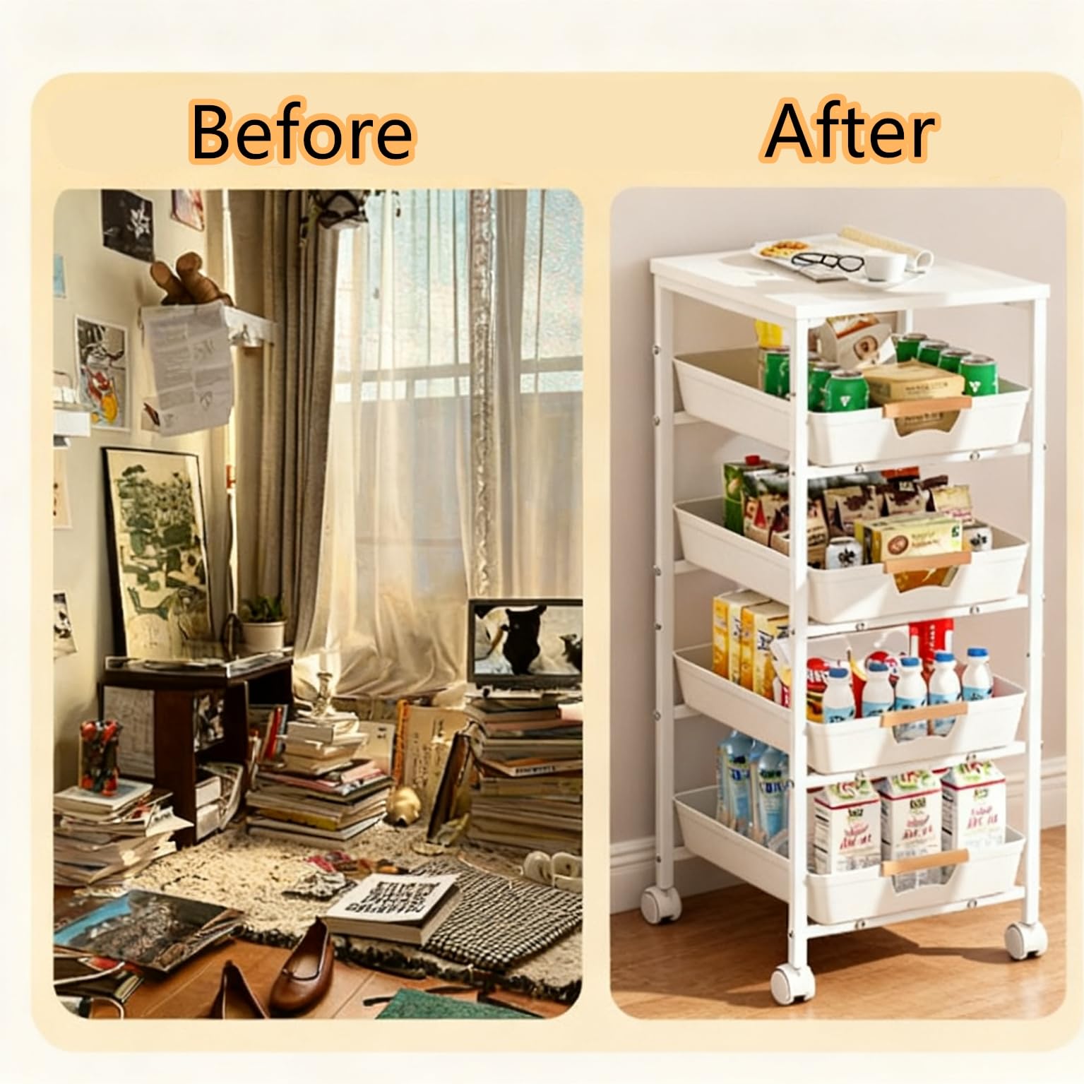 CarolynDesign Carrello portaoggetti con struttura in metallo a 5 ripiani con piano in legno, ruote multifunzionali, con cassetti estraibili, per cucina, soggiorno, bagno
