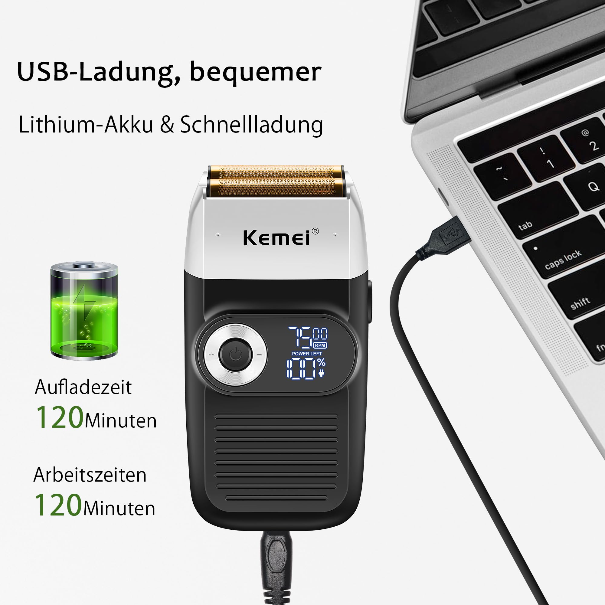 KEMEI Folienrasierer Herren, Rasierer Herren Elektrisch mit Kahlrasur Schnurlose Elektrorasierer mit LED-Anzeige Geschenke zum Vatertag